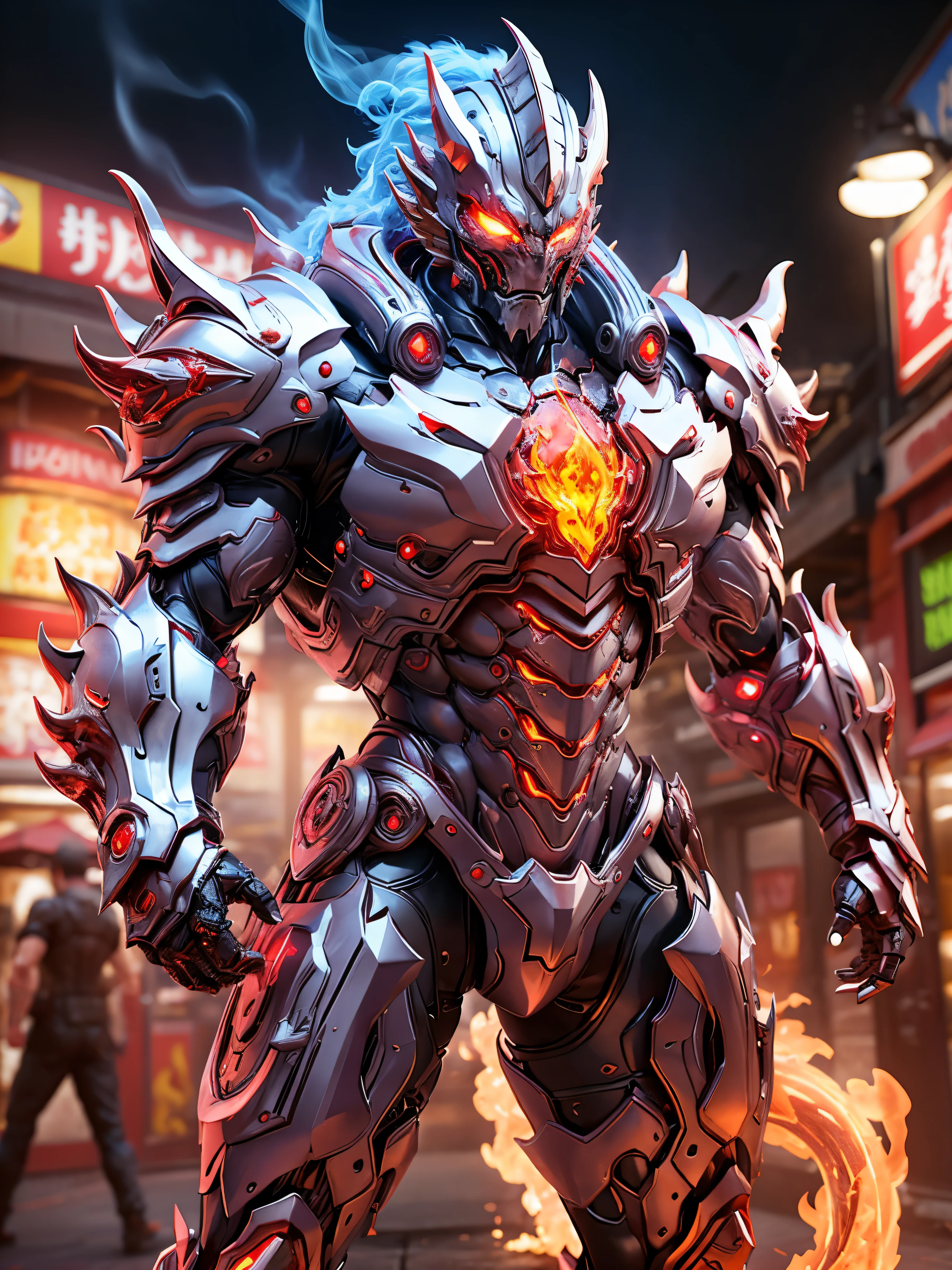 Fire-man superhero, Red:1.5), DRAGON HEAD, HEAVY CRYSTAL Fire-man ARMOR, TRANSPARANT, ABS, colourful smoke around the character