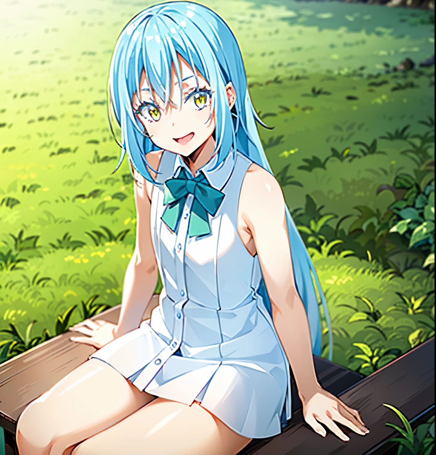 best quality, ultra high res, 1girl, sleeveless white button shirt, white dress, short skirt, green rippon, cute, (Kpop idol), (aegyo sal:1), (long light blue hair:1), ((golden eyes eyes)), looking at viewer, full body, facing front, tensura