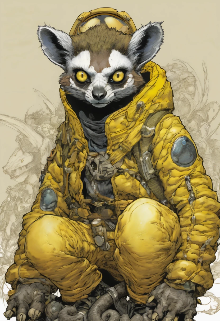 comics LEMUr, by Katsuya Terada, HD, manga, toon avatar,LEMUR, Katsuya Terada STYLE, POKEMON STYLE, LEMUR, YELLOW EYE, SNAKE skin ARMOR, SCALEs,LEMUR, YELLOW EYES, muppet, simple, stialized, chubby, , manga, contrast, poce, full body, dynamic poce, miletary gear, goggles, hood, by Katsuya Terada, clean, compact, simple