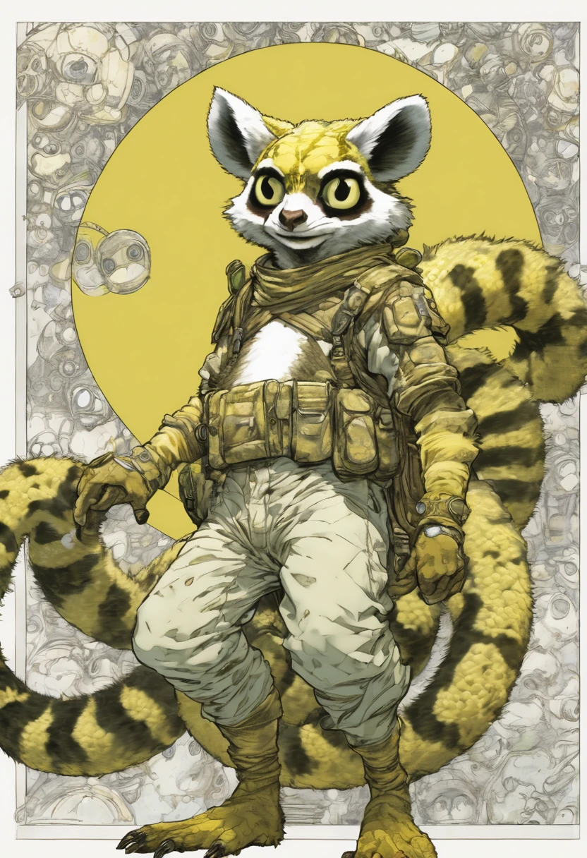 comics LEMUr, by Katsuya Terada, HD, manga, toon avatar,LEMUR, Katsuya Terada STYLE, POKEMON STYLE, LEMUR, YELLOW EYE, SNAKE skin ARMOR, SCALEs,LEMUR, YELLOW EYES, muppet, simple, stialized, chubby, , manga, contrast, poce, full body, dynamic poce, miletary gear, goggles, hood, by Katsuya Terada, clean, compact, simple