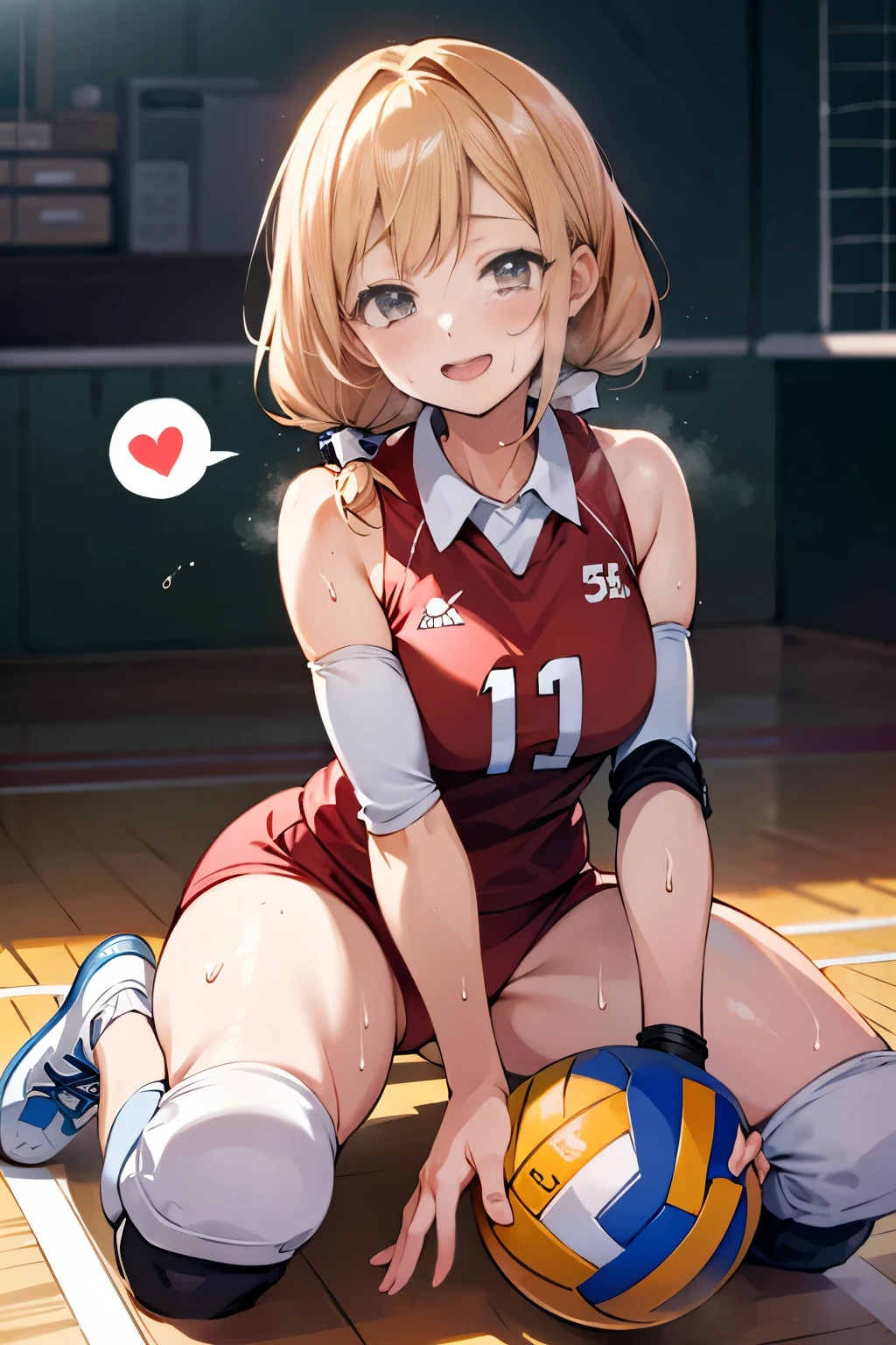unity 8k wallpaper, anatomically correct, (((masterpiece))), (((best quality))), (((ultra detailed))), (((high-resolution))), ((anime illustration)), ((Ultimate cutie)), anime girl, perfect hands, perfect finger, (((good anatomy))), detailed beautiful face, shiny hair, (((gyaru))), (potbelly), (curvy), medium breasts, ((Thick thighs)), (((solo))), ((seductive smile)), (((blush))), (half open mouth), 
BREAK, (((sit astride the perfectly spherical shape 6-inch volleyball))), (((Straddling a perfectly spherical 6" volleyball))), (((Perfectly spherical 6" volleyball fits perfectly crotch))), BREAK, (((Rub the  Perfectly spherical 6" volleyball against crotch))), 
BREAK, (Collared volleyball uniforms), sleeveless, ((buruma)), ((kneepad)), pussy juice stained, (elbow pad), (((sweat))), (((covered in sweat))), ((deep breathing)), in Volleyball Court, indoor, lighting,  looking at viewer, full body, (spoken heart)
