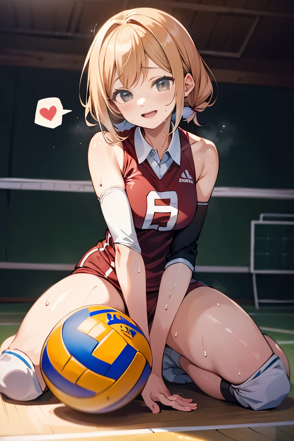 unity 8k wallpaper, anatomically correct, (((masterpiece))), (((best quality))), (((ultra detailed))), (((high-resolution))), ((anime illustration)), ((Ultimate cutie)), anime girl, perfect hands, perfect finger, (((good anatomy))), detailed beautiful face, shiny hair, (((gyaru))), (potbelly), (curvy), medium breasts, ((Thick thighs)), (((solo))), ((seductive smile)), (((blush))), (half open mouth), 
BREAK, (((sit astride the perfectly spherical shape 6-inch volleyball))), (((Straddling a perfectly spherical 6" volleyball))), (((Perfectly spherical 6" volleyball fits perfectly crotch))), BREAK, (((Rub the  Perfectly spherical 6" volleyball against crotch))), 
BREAK, (Collared volleyball uniforms), sleeveless, ((buruma)), ((kneepad)), pussy juice stained, (elbow pad), (((sweat))), (((covered in sweat))), ((deep breathing)), in Volleyball Court, indoor, lighting,  looking at viewer, full body, (spoken heart)