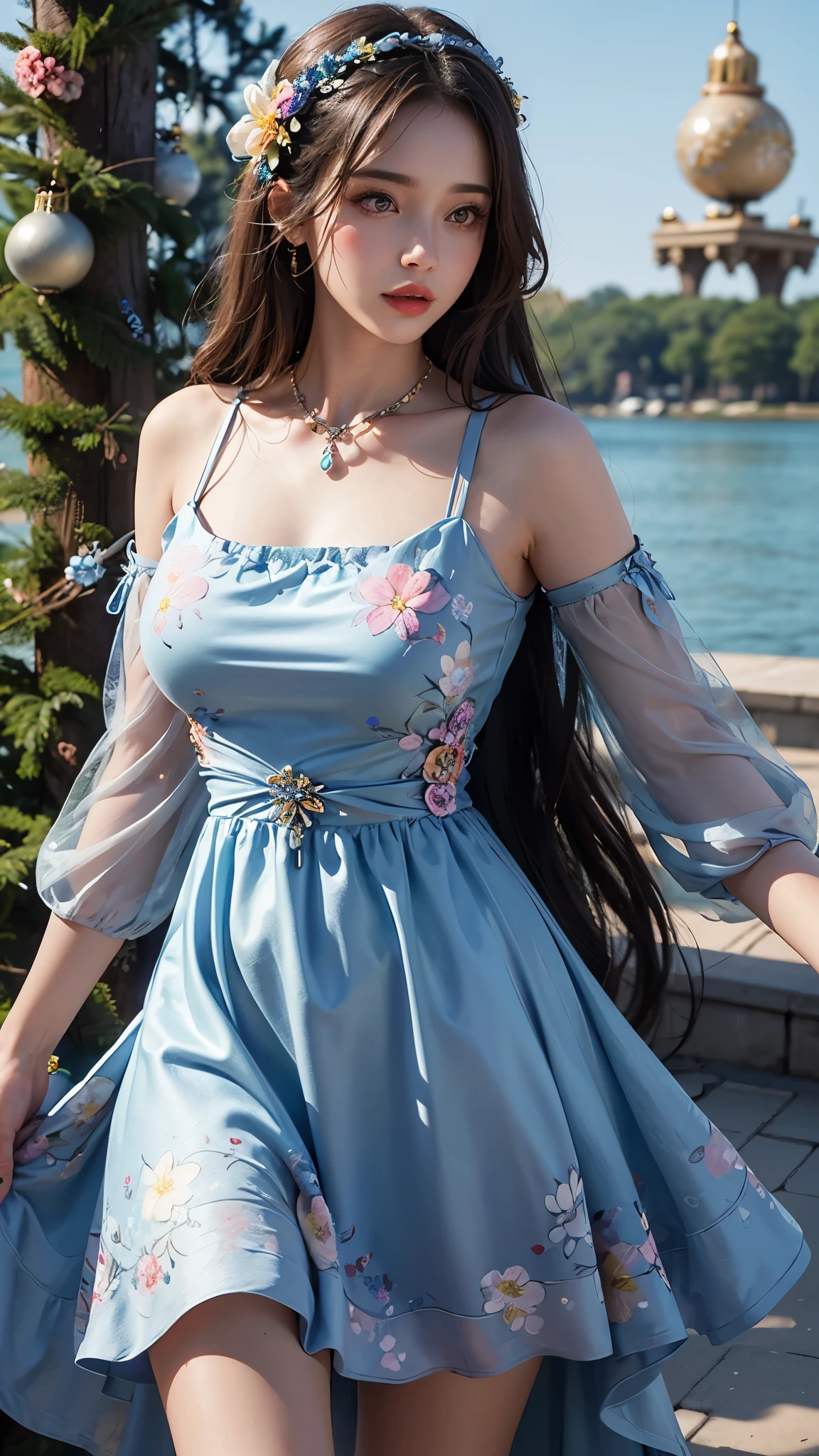 1 girl, good face, ultra long hair, detailed eyes, detailed lips, medium breasts, blue dress, (ornament:1.5), (floral dress :1.5), Take photos by the lake, ultra-realistic realism, color field printing, high details, hyper HD, cinematic lighting, 4k quality,