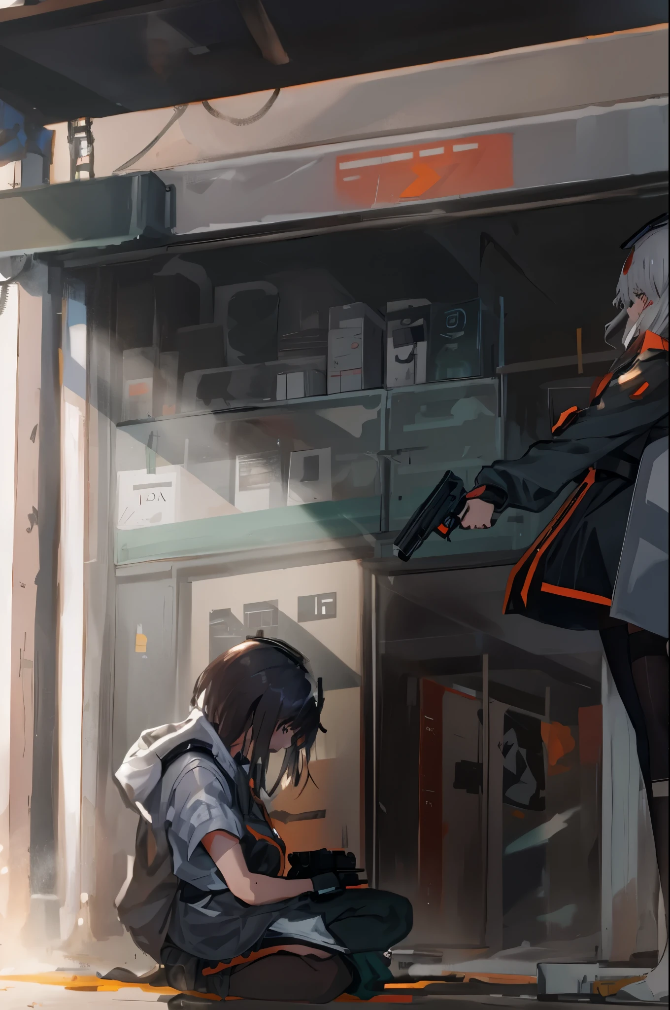 Animated scene of two women holding guns in factory, anime concept hdr anime macmanus, girls frontline style, Modern cyberpunk anime, anime machine gun fire, guweiz on pixiv artstation, From Girls Frontline, HD anime wallpaper, 超HD anime wallpaper, Female Action Anime Girl, guweiz on artstation pixiv, Anime visual style: The kneeling figure is very desperate，The man holding the gun also shed tears