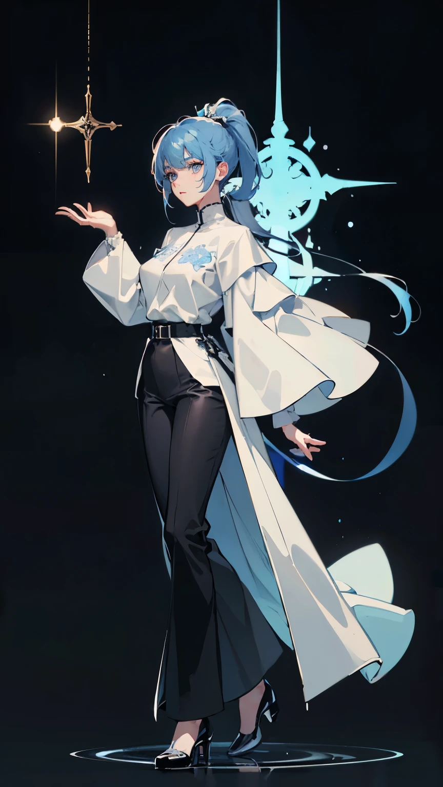 ((masterpiece,best quality,8k,highres)),((character concept art)), 1 female, young adult female, Catholic Priest, 185 cm height, straight hair, ponytail, flat hair bangs (baby blue hair colour), ultra finely detailed eyes (blue eyes colour), extraordinary handsome, charming, serious face, shapely breasts, hourglass body build ((muscular)), ((intricate detail)), super finely detailed hands, ultra finely detailed fingers(((ten fingers))), Catholic priest full outfit (black outfit colour), black long pants, black shoes, (standing still), (full body showcase), (show full body), (no logos on background), (no logo), ((plain background)), ((plain background)), (((empty background)))