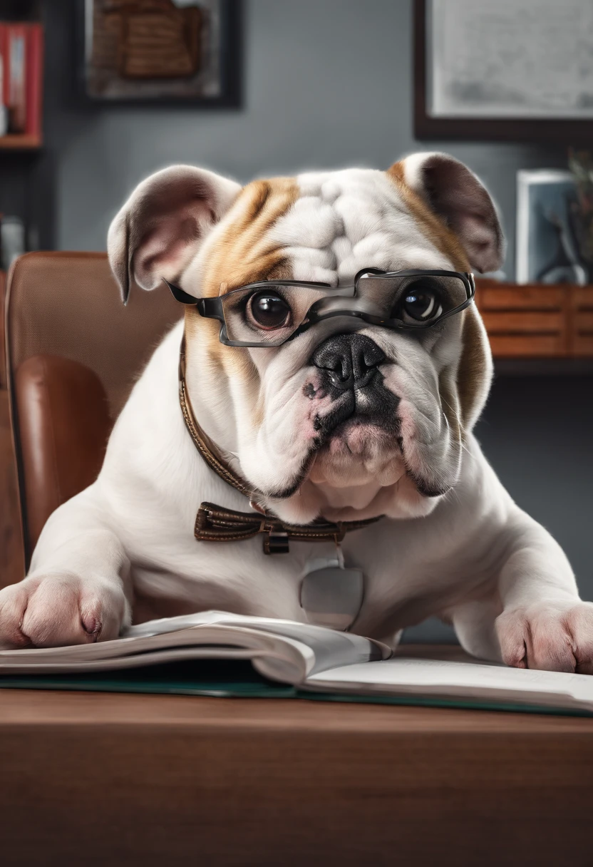 um lindo cachorro Bulldog,peludo,Working in an office,fotorrealista, detalhes finos, A high resolution,Perfect dynamic composition