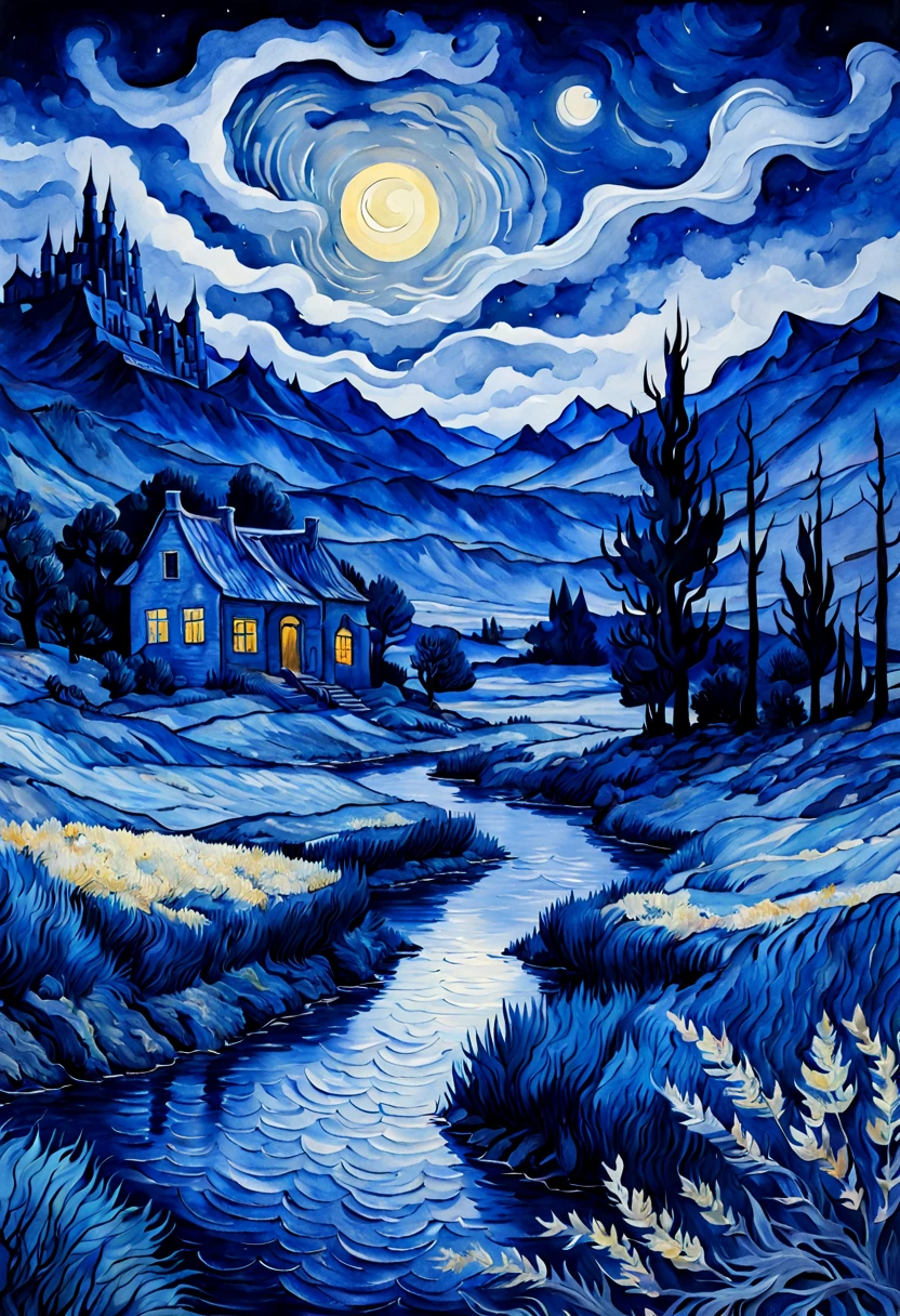 a fantasy landscape in a very dark blue color, van gogh style, Watercolor, trending on artstation, sharp focus, studio photo, intricate details, highly detailed, by greg rutkowski