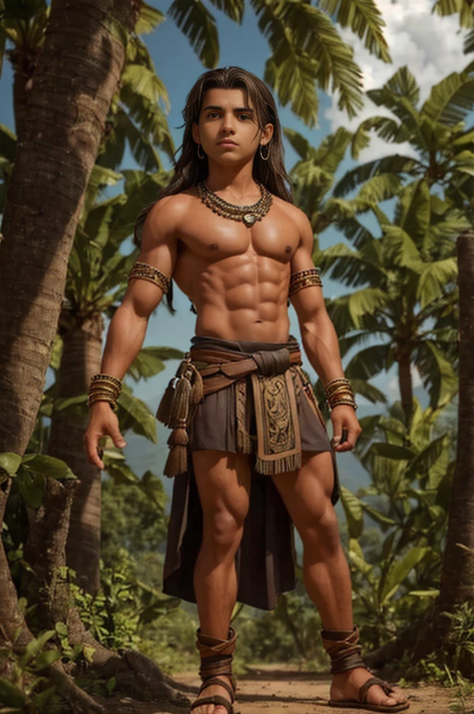 A 12-year-old male youth named Ib'ach, of Mexican Indian origin, The features of his face are rough: with an aquiline nose and a square jaw, dark brown skin, large black eyes, long dark brown straight hair, aquiline nose, slim body, huge muscular calves. he is full body standing in the middle of the jungle. He is wearing leather loincloth and leather straps bangles on his forearms, and shiny lizard leather sandals. All his clothing is of ancient, antique making. Long straight dark brown hair