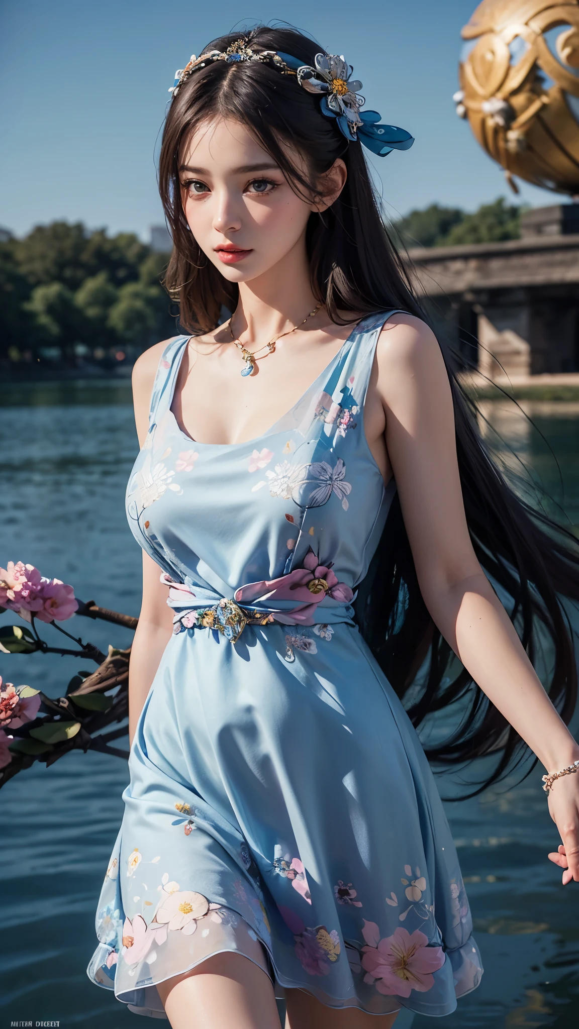 1 girl, good face, innocent mood, ultra long hair, detailed eyes, detailed lips, medium breasts, blue dress, (ornament:1.5), (floral dress :1.5), Take photos by the lake, ultra-realistic realism, color field printing, high details, hyper HD, cinematic lighting, 4k quality,