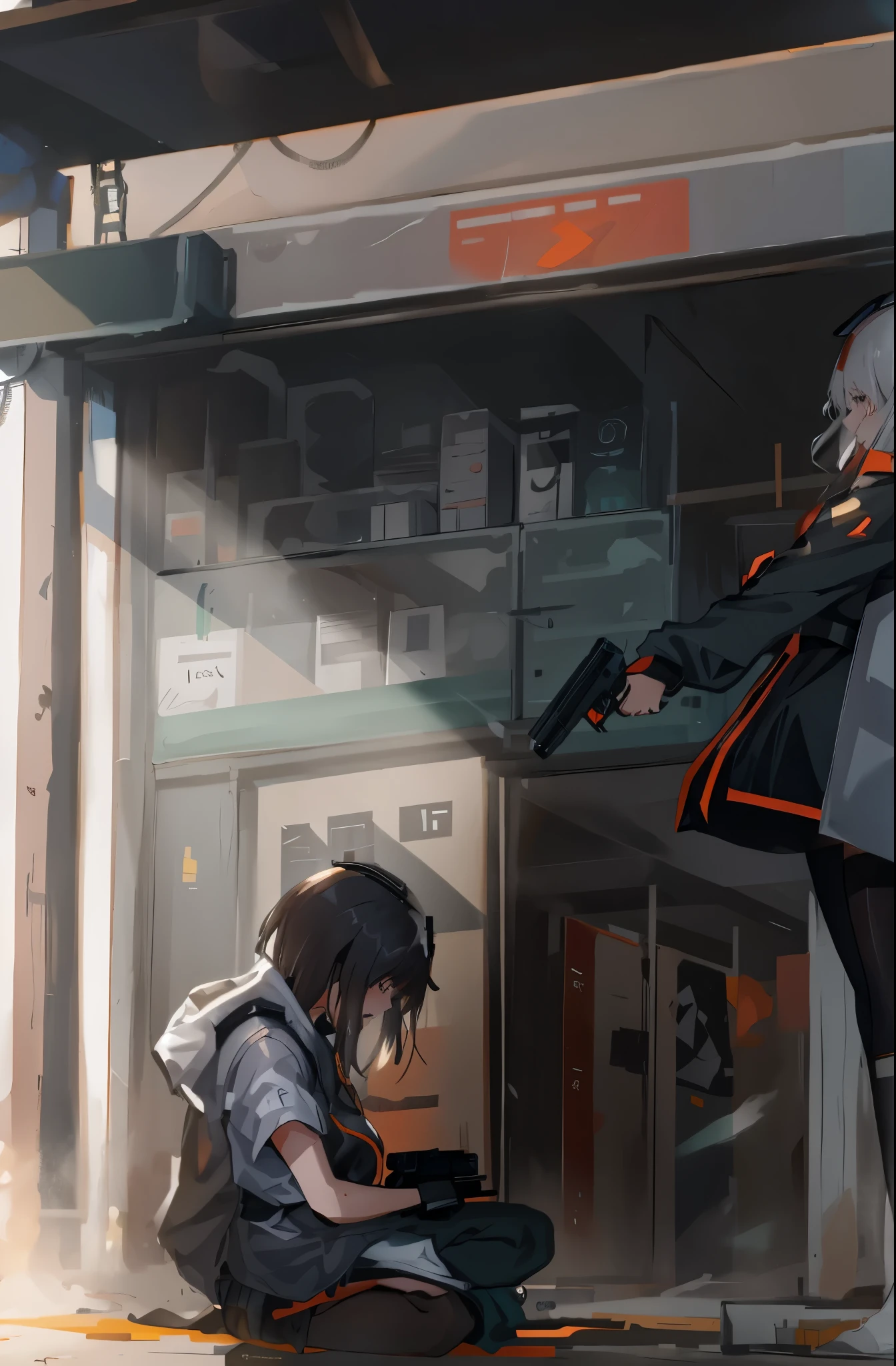 Animated scene of two women holding guns in factory, anime concept hdr anime macmanus, girls frontline style, Modern cyberpunk anime, anime machine gun fire, guweiz on pixiv artstation, From Girls Frontline, HD anime wallpaper, 超HD anime wallpaper, Female Action Anime Girl, guweiz on artstation pixiv, Anime visual style: The kneeling figure is very desperate，The man holding the gun also shed tears