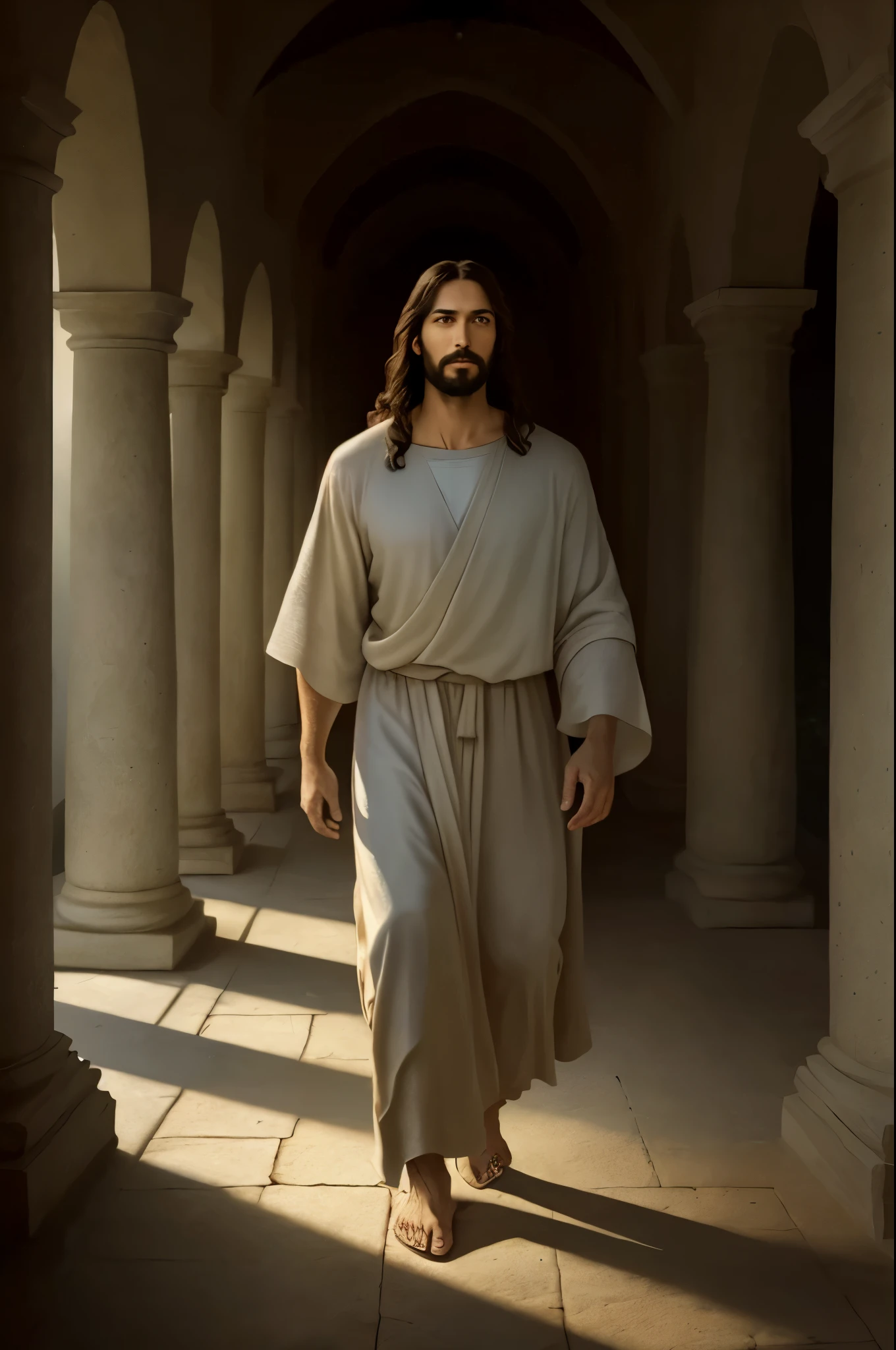 A realistic depicted scene of Jesus walking with a calming and serene expression, 4k resolution, soft lighting, gentle shadows, peaceful ambiance, soothing colors, impressionistic style, intricately detailed, tranquil atmosphere.