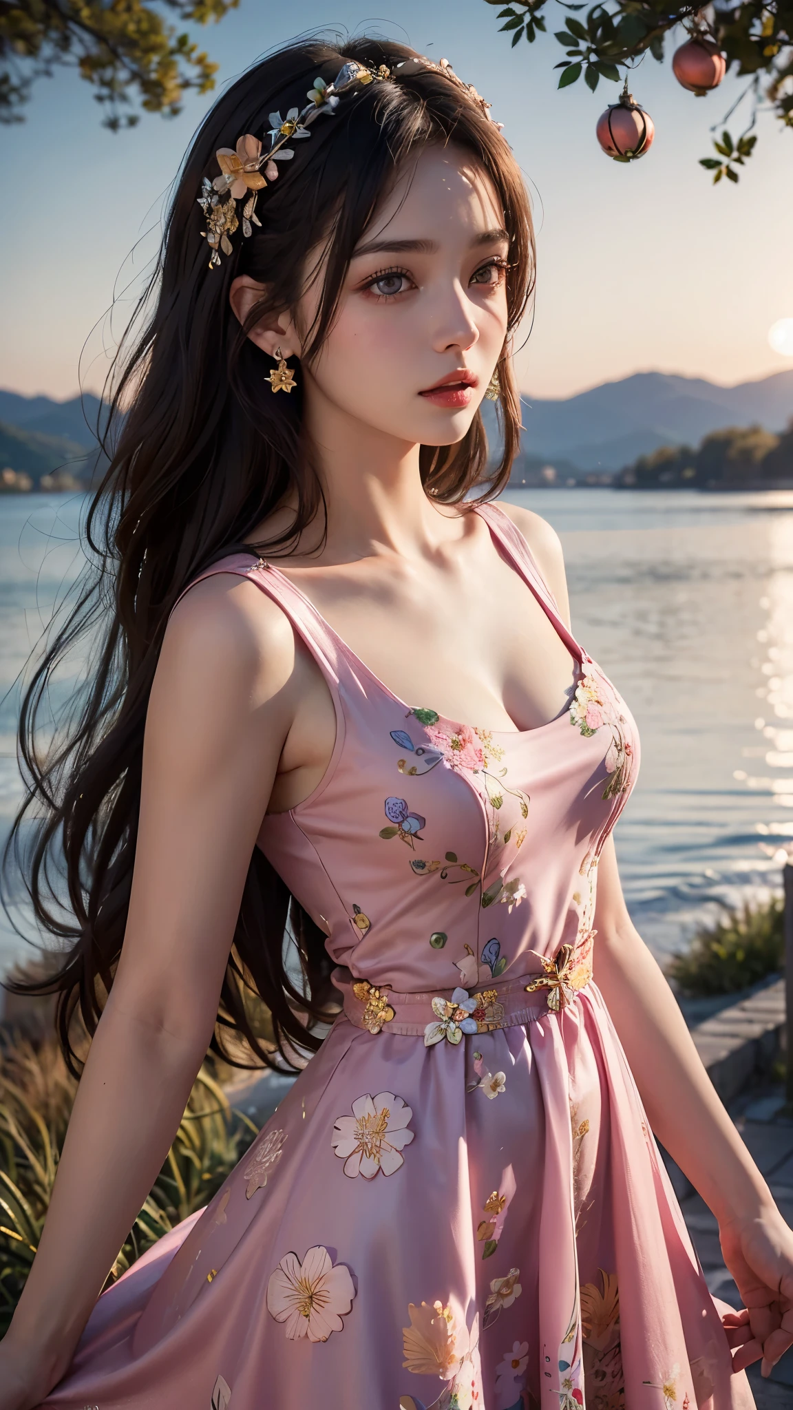 Make an image of a beautiful and pretty woman holding a pink flower, make her look beautiful and pretty and hot, make her chest a bit big, give a good view of the landscape as well