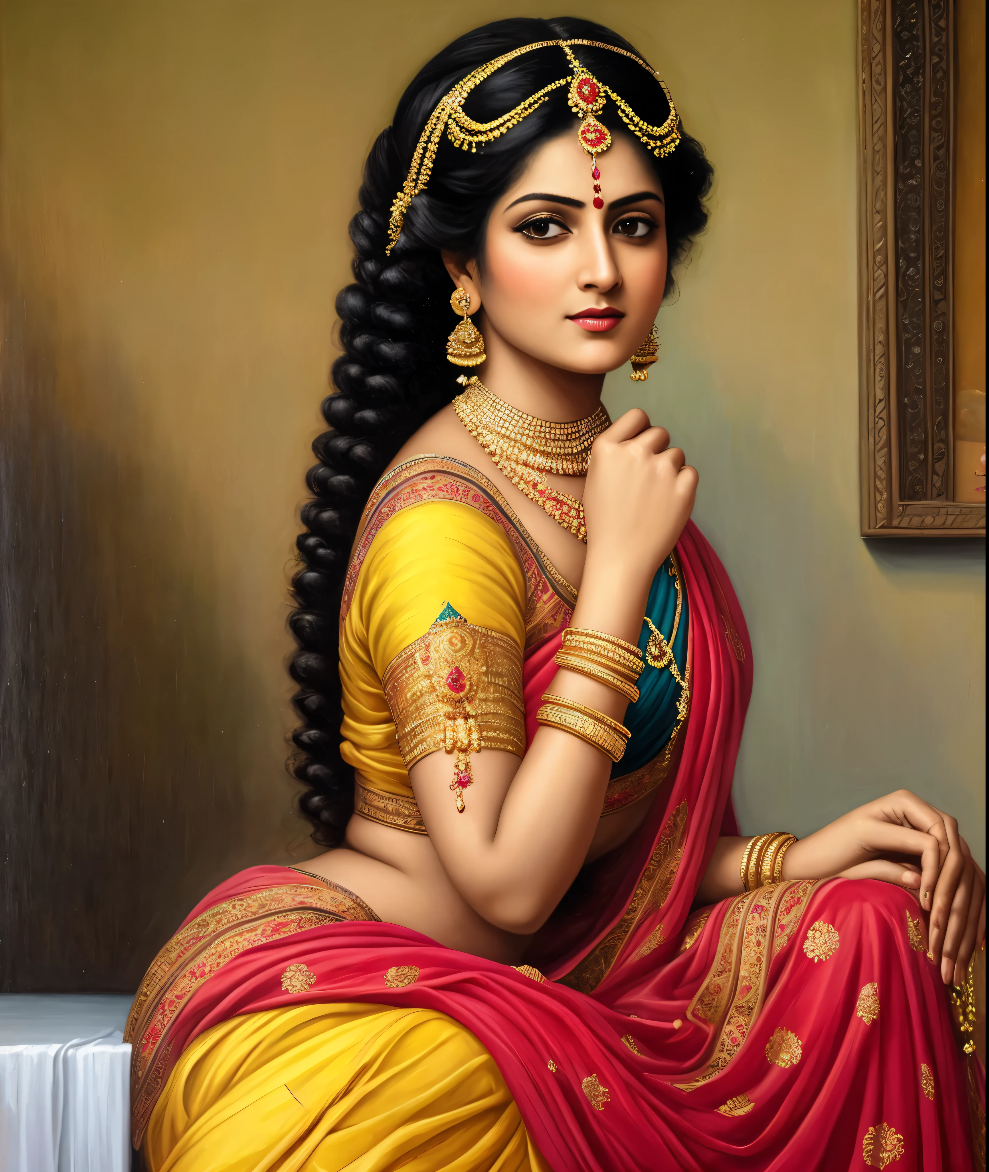 Masterpiece,8k uhd, hdr, realistic, hyper realistic, intricate, vibrant colour, painting of a woman in a yellow sari sitting on a chair, traditional beauty, inspired by Raja Ravi Varma, indian art, by Raja Ravi Varma, painting of beautiful, inspired by T. K. Padmini, painting of a woman, by Sardar Sobha Singh, gorgeous woman, oil on canvas painting, traditional painting, oil-painting