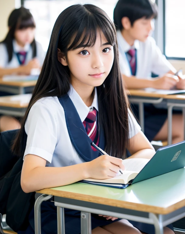 Japanese high school girl high school classroom sitting at desk and studying writing in a notebook long hair shiny detailed black hair smooth soft skin Focused facial expressions uniform professional lighting Professional photographer Highest image quality 8K Youth background blur