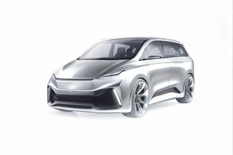 Black van, dark grey van is parked in a studio with a white background, concept matte, dark grey metal body, new vehicle, vehicle design,trending on vehicle design, concept, sleek design, futuristic product car shot, vehicle profile, Tesla , Mercedes , 2025 concept, 2025