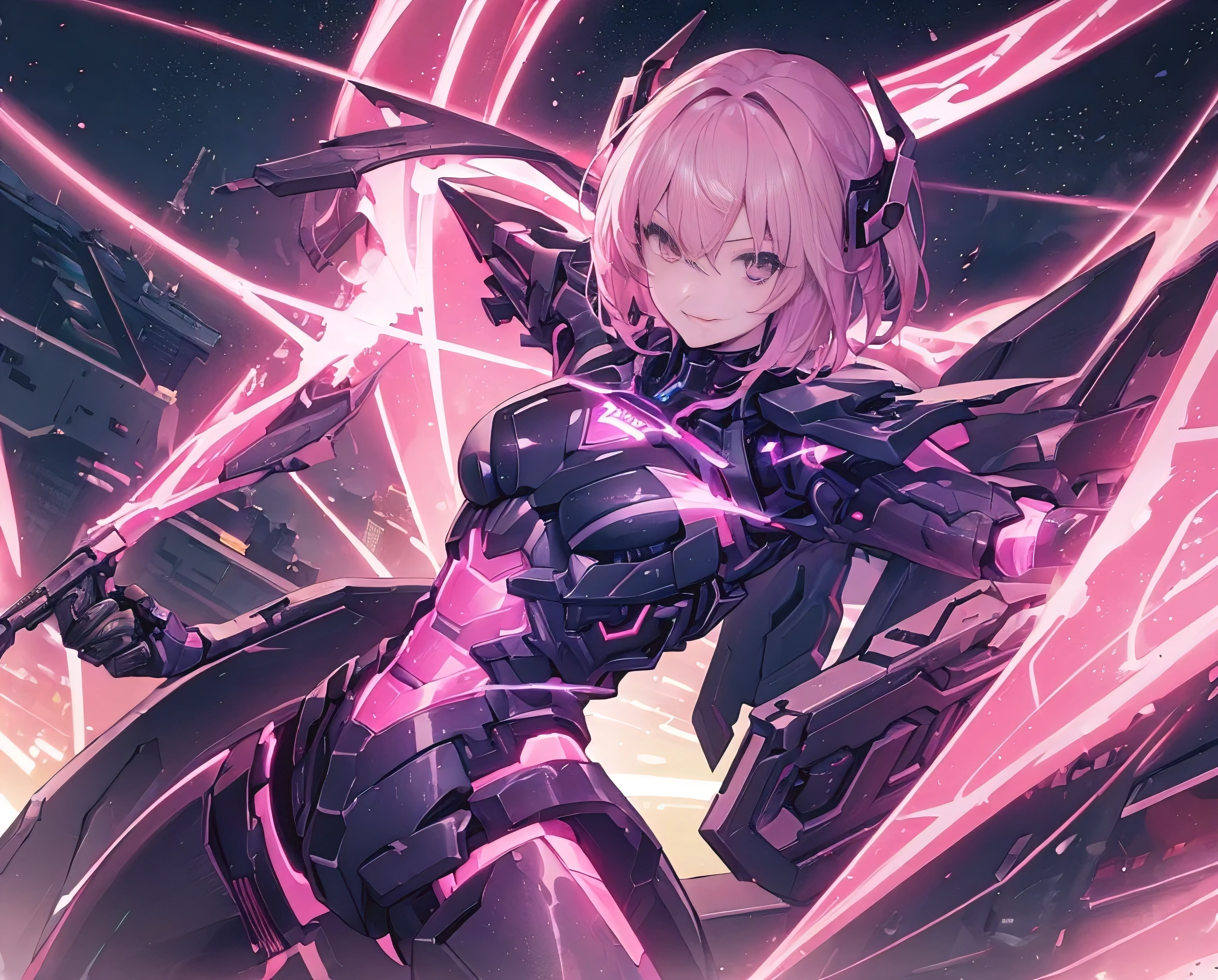 ((8k, Supreme painting, city night view)), 1 female, Textured wood, abdomen: =1.1, Improved artificial parts for urban clothing with limbs, Combat equipment, Mechanical, overflow, The mystery of turbulence, Smile, Pink shorthair