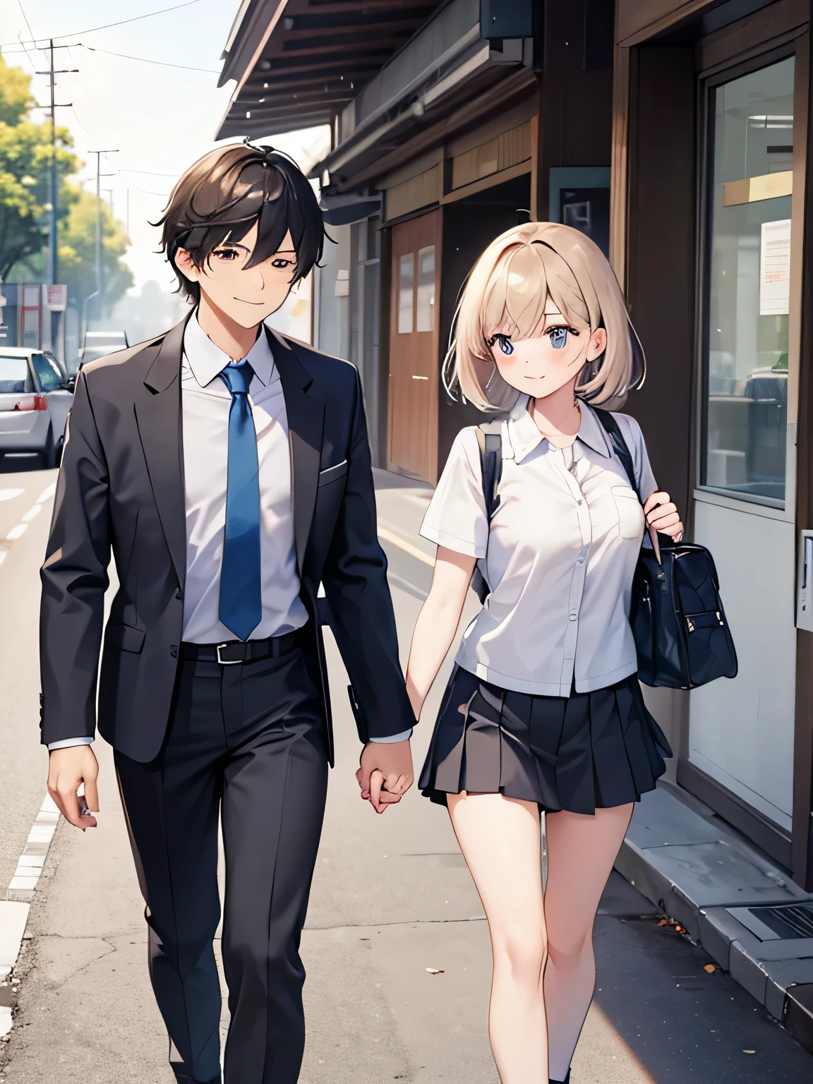 ① A male and female couple is walking hand in hand..。
②The man is around 40 years old, wearing a suit.。.。
③The woman is 18 years old, She wears a high school uniform and a miniskirt., And carry a school bag on your back.。
④The two are smiling.。
⑤The location is Ekimae Street in the morning.。.。
⑥Please draw it large..。