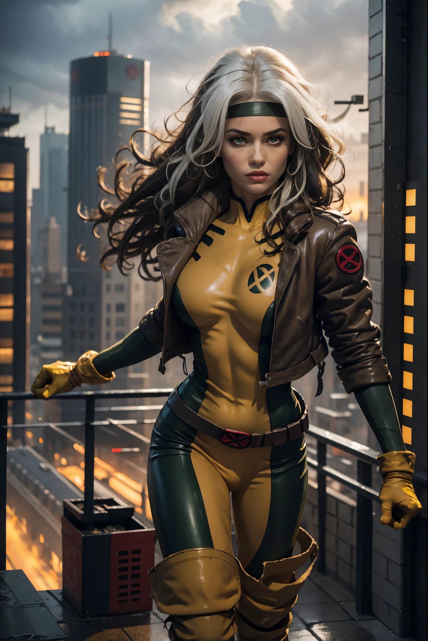 (full body),rogue from the x-men,beautiful detailed eyes,beautiful detailed lips,extremely detailed eyes and face,longeyelashes,beige and white streaked hair,messy wavy hair,green eyes expressive eyes,pale skin,fierce expression,powerful aura,confident posture,rogue's signature white streak of hair,powerful energy surging from her body,torn and laced gloves,tight-fitting green and yellow jumpsuit,black combat boots,worn leather jacket,ripped jeans,gritty and dark lighting,urban cityscape background,rising sun in the distance,overcast sky,moody atmosphere,comic book style,painting-like medium,vibrant colors,high contrast,sharp details,classic superhero pose