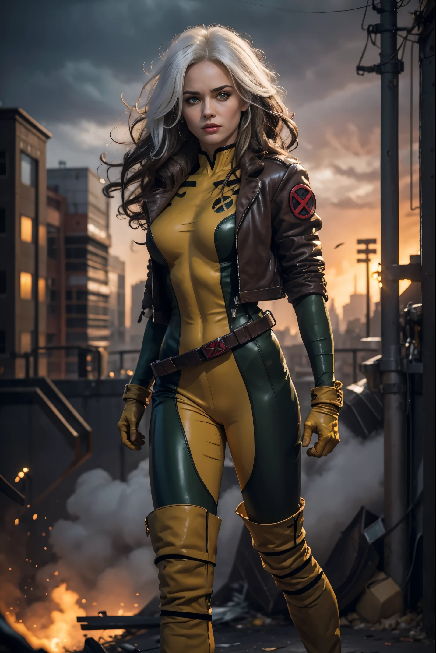 (full body),rogue from the x-men,beautiful detailed eyes,beautiful detailed lips,extremely detailed eyes and face,longeyelashes,beige and white streaked hair,messy wavy hair,green eyes expressive eyes,pale skin,fierce expression,powerful aura,confident posture,rogue's signature white streak of hair,powerful energy surging from her body,torn and laced gloves,tight-fitting green and yellow jumpsuit,black combat boots,worn leather jacket,ripped jeans,gritty and dark lighting,urban cityscape background,rising sun in the distance,overcast sky,moody atmosphere,comic book style,painting-like medium,vibrant colors,high contrast,sharp details,classic superhero pose