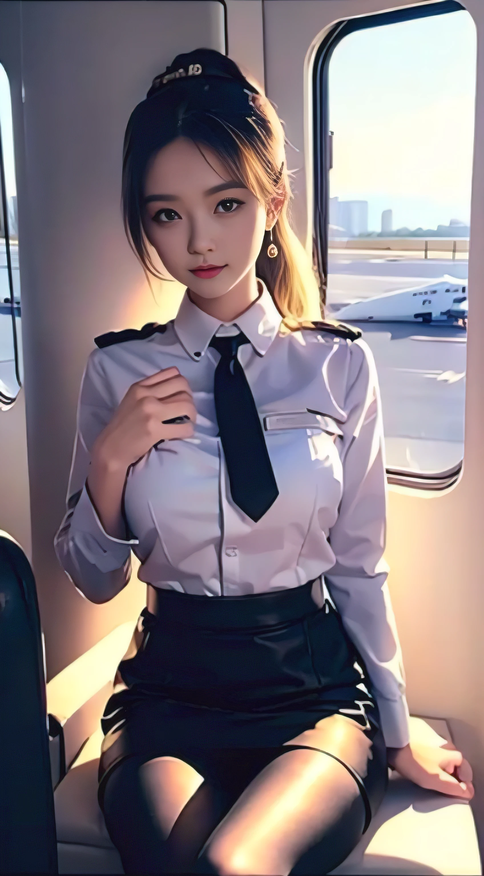 (masterpiece), best quality, best quality,  Detailed and complex, The The original,high resolution,
(),Very detailed_Eye, Sexy,boobgasm,
(Eyeliner:0.5),(blush:0.5),blonde hair,Simple Diamond Earrings,delicate skin,  ponytail, 
view viewer, faint smile, nail, 
((stewardess black)), (black pantyhose:1.1), black high heels, black skirt, On the plane, inside airplane, sitting, One leg up,
(depth of field:1.1),Change:0.1,actual:1.3,
(ambient light:1),(work:1.3), (best quality, high resolution, lifelike, The original, 8k,masterpiece, ),best quality, masterpiece8K.human development report. High ribs:1.2, film grain, Blur bokeh:1.2, lens flare, (bright colors:1.2), (beautifully),