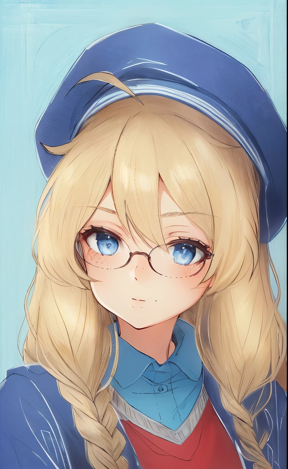 Create an illustration of a girl with braided blonde hair, blue eyes, round glasses, fair skin, and freckles on her face. The color of the hat and clothing can be of your choice, but should complement and match well with the character's overall appearance