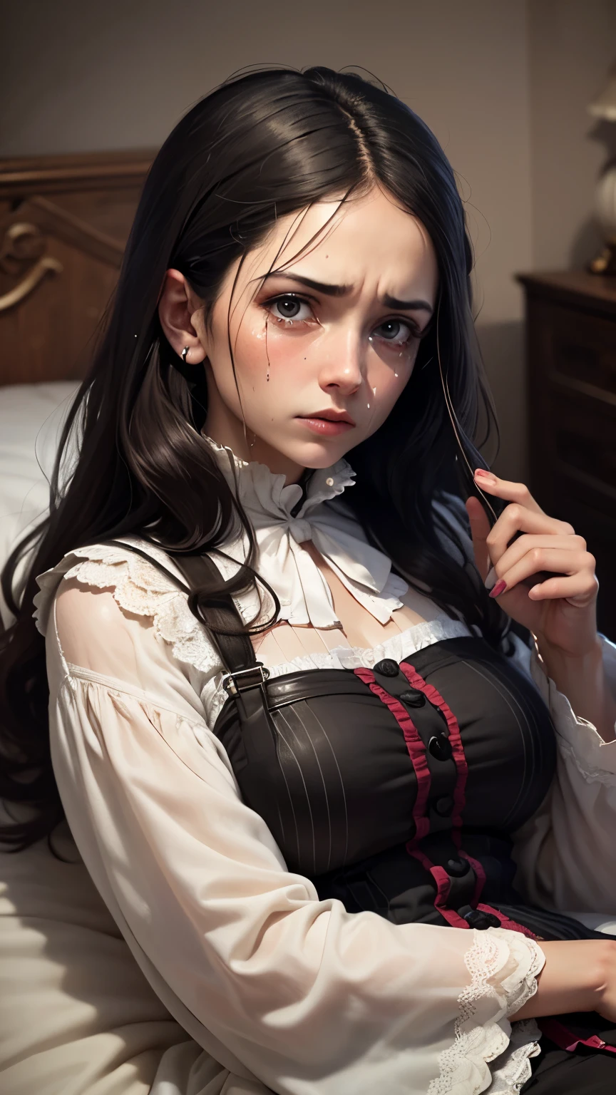 Female1, 25 years old, crying sound, Black hair, A face with tears in its eyes, crying sound out for help, (victorian era, United Kingdom), ((background: A dark bedroom)), (((in bed)))