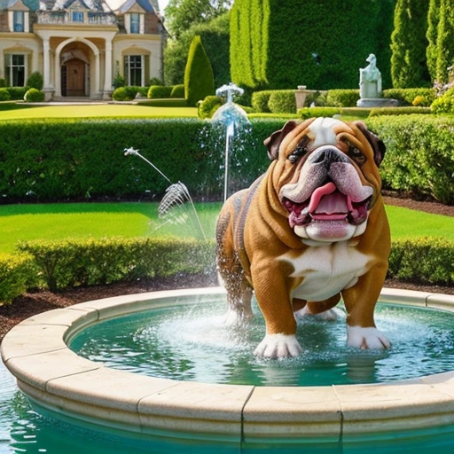 English Bulldog, (( playing in a beautiful garden of a luxurious mansion that in the background has an incredible fountain with a statue that spouts water from its mouth)),