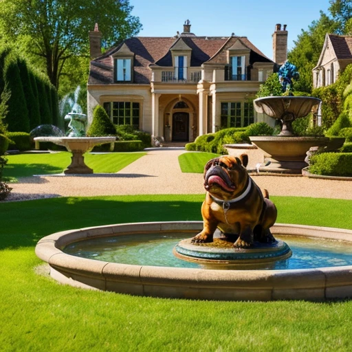 English Bulldog, (( playing in a beautiful garden of a luxurious mansion that in the background has an incredible fountain with a statue that spouts water from its mouth)),