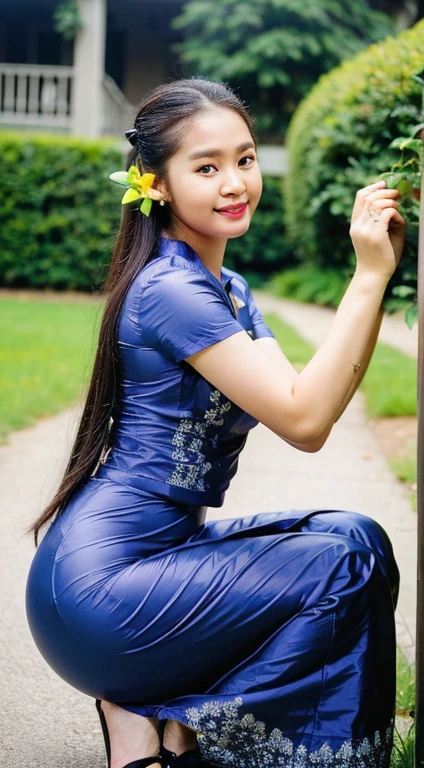 8k, best quality, masterpiece, realistic, ultra detail, photography, HDR, ROW photo, highres, absurdres, cinematic light, official art, depth of field,
close-up, slender, cute face, smile, beautiful details eyes, 19years old myanmar, pretty, Top knot with fiery red color,
shirt, park, day,