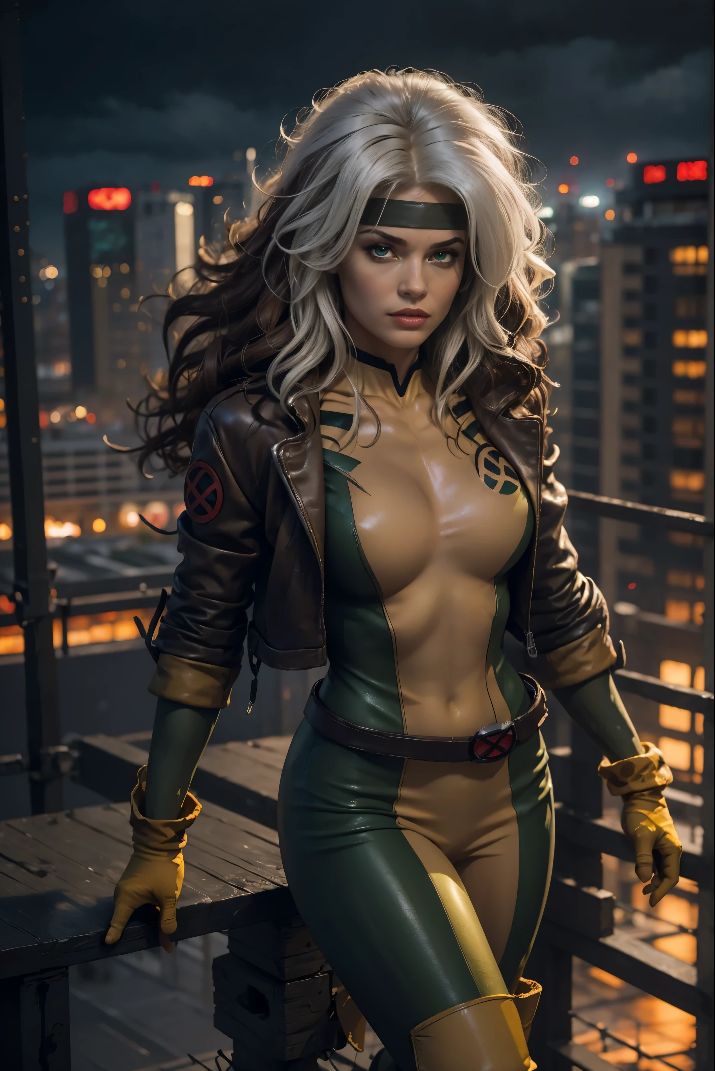 (full body),rogue from the x-men,beautiful detailed eyes,beautiful detailed lips,extremely detailed eyes and face,longeyelashes,beige and white streaked hair,messy wavy hair,green eyes expressive eyes,pale skin,fierce expression,powerful aura,confident posture,rogue's signature white streak of hair,powerful energy surging from her body,torn and laced gloves,tight-fitting green and yellow jumpsuit,black combat boots,worn leather jacket,ripped jeans,gritty and dark lighting,urban cityscape background,rising sun in the distance,overcast sky,moody atmosphere,comic book style,painting-like medium,vibrant colors,high contrast,sharp details,classic superhero pose, show feet