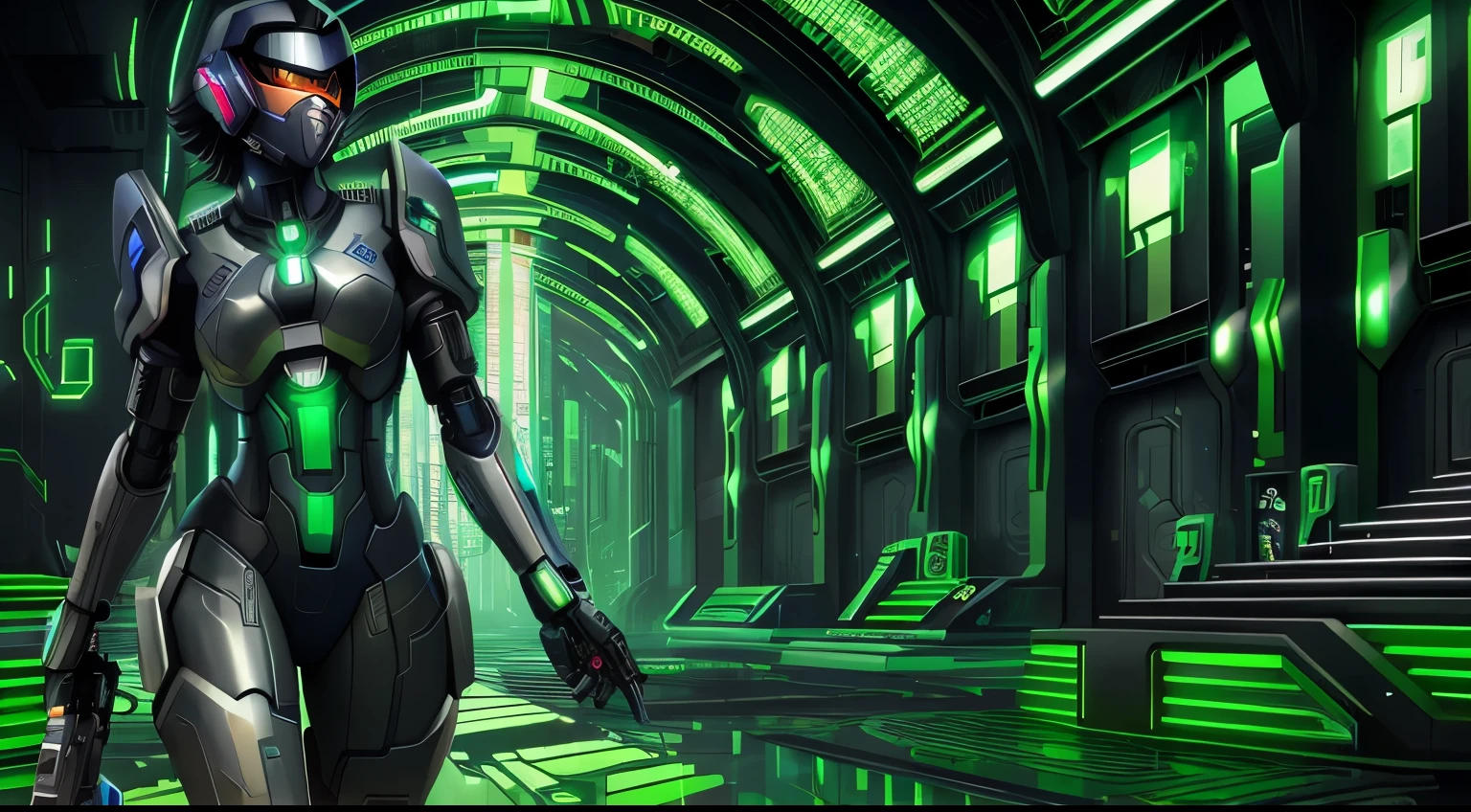 uma mulher com um terno futurista segurando uma arma em uma sala verde, cybernetic wallpaper, clothed in cybernetic armor, garota com cybernetic armor mecha, Master Chief em Cyberpunk City, sci-fi space game art, cybernetic armor, arte com tema cyberpunk, em uma arena futurista, Pintura Digital Sci-Fi, cada vez mais cyberpunk, advanced digital cyberpunk art, cyber suit