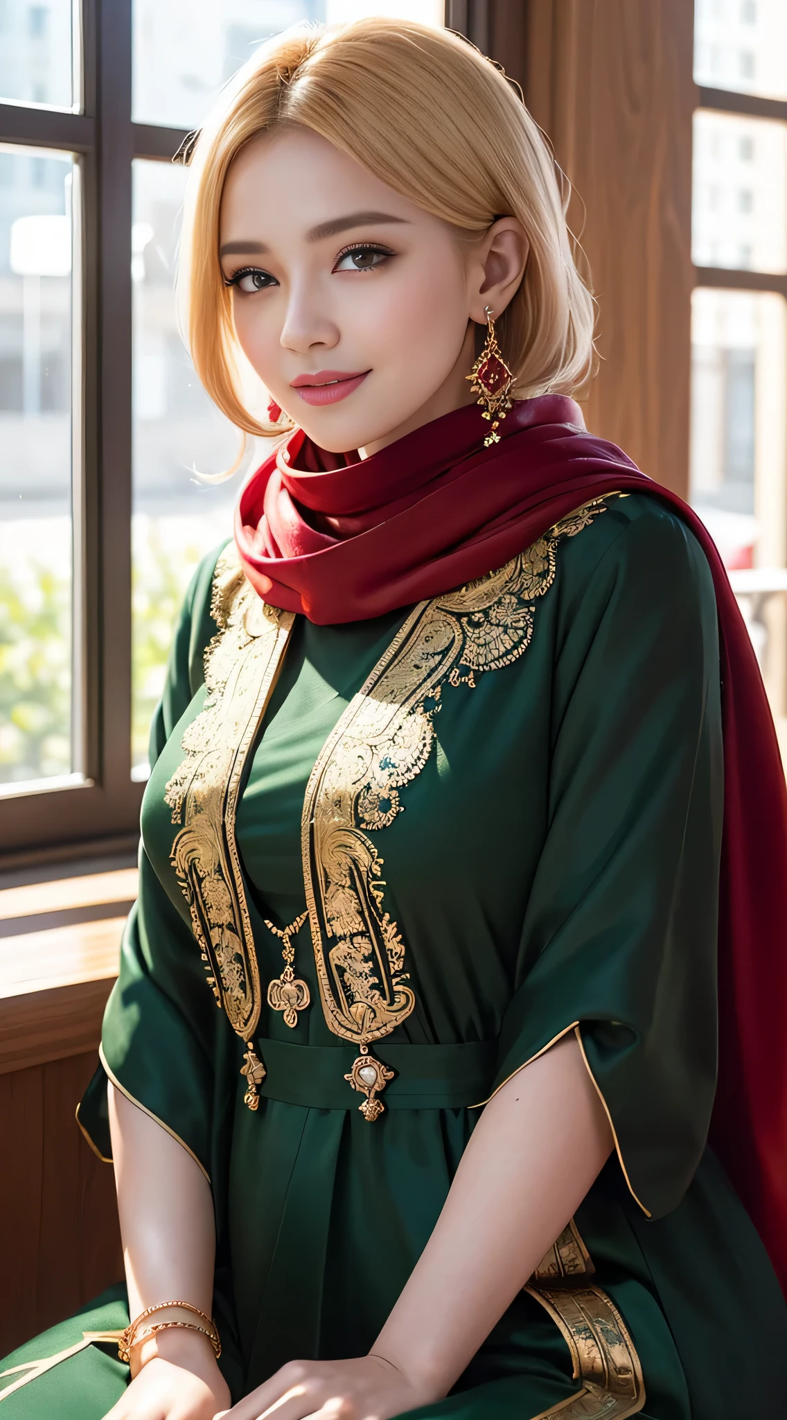 8k, masterpiece, RAW photo, best quality, photorealistic, highly detailed CG unity 8k wallpaper, Depth of field, Cinematic Light, Lens Flare, Ray tracing, (very beautiful face, beautiful lips, beautiful eyes), intricate facial details, (( very detailed skin)) 1girl, ((mature royal sister)), (plump figure), in the dark, deep shadow, (large window, beautiful girl, earrings, bracelet, necklace, clear eyes, (brown skin), ((Silk laced)), ((red scarf Green abaya)), (blonde black hair), (sitting at the Tim Hortons), smile,