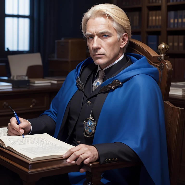 An older man in his forties, with Blond hair neatly pushed back ,(without facial hair), blue sharp eyes and sharp nose, wearing an expensive royal blue cloak ,((sitting at his dark office))