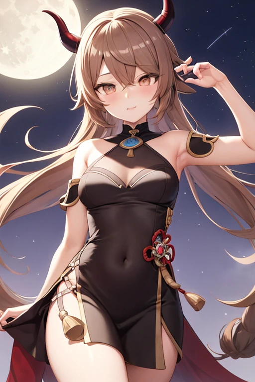 My loli genshin impact oc, brown hair, stars, moon, brown hair, sumeru desert outfit, black horns with pink outlines, hair covering 1 eye