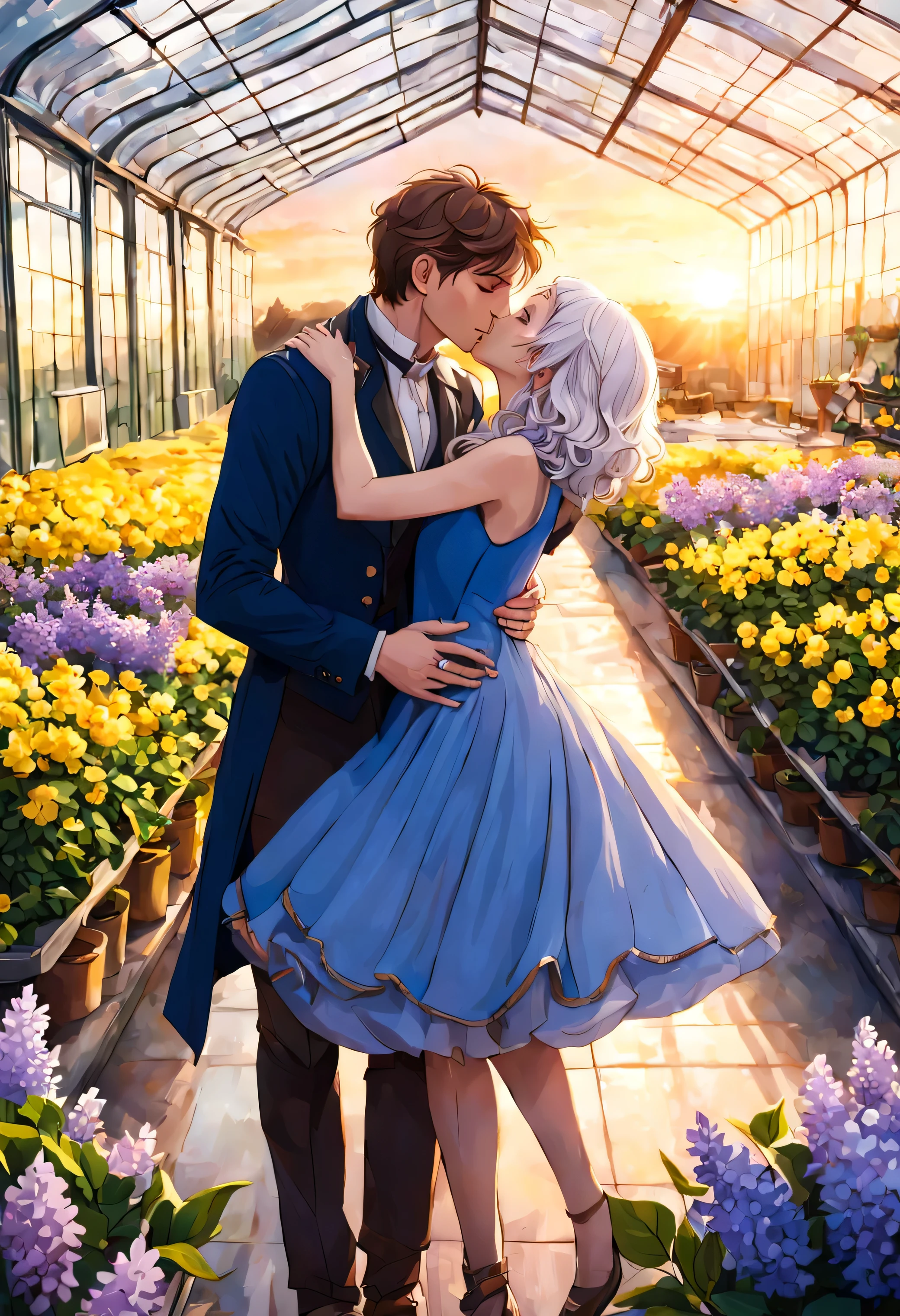 Eddie Redmayne as Newt Scamander with brown hair and freckles hugs a beautiful lady with white hair and lilac tips. Her hair reaches her shoulders and she is wearing a blue dress. They both look totally in love, about to kiss. It's a romantic scene at sunset on a greenhouse with yellow flowers