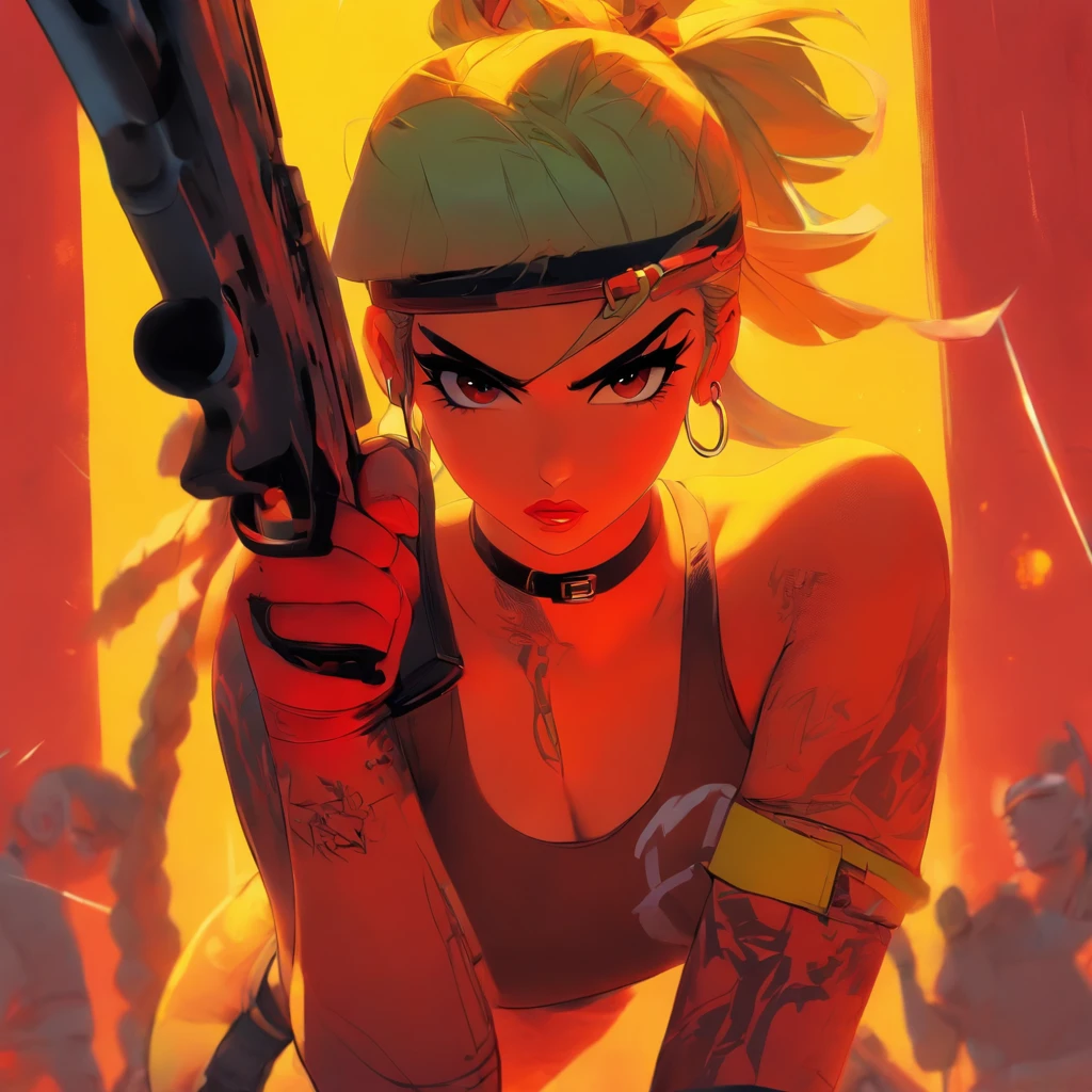 Christopher Balaskas style 1girl, solo, breasts, looking at viewer, short hair, simple background, black hair, thighhighs, navel, holding, cleavage, medium breasts, full body, weapon, hairband, boots, shorts, midriff, signature, holding weapon, lips, crop top, gun, short shorts, kneeling, makeup, lipstick, holding gun, red background, handgun, red lips, yellow hairband, yellow shorts | 2010s Comic illustration, (((sharp lines:1.36))
