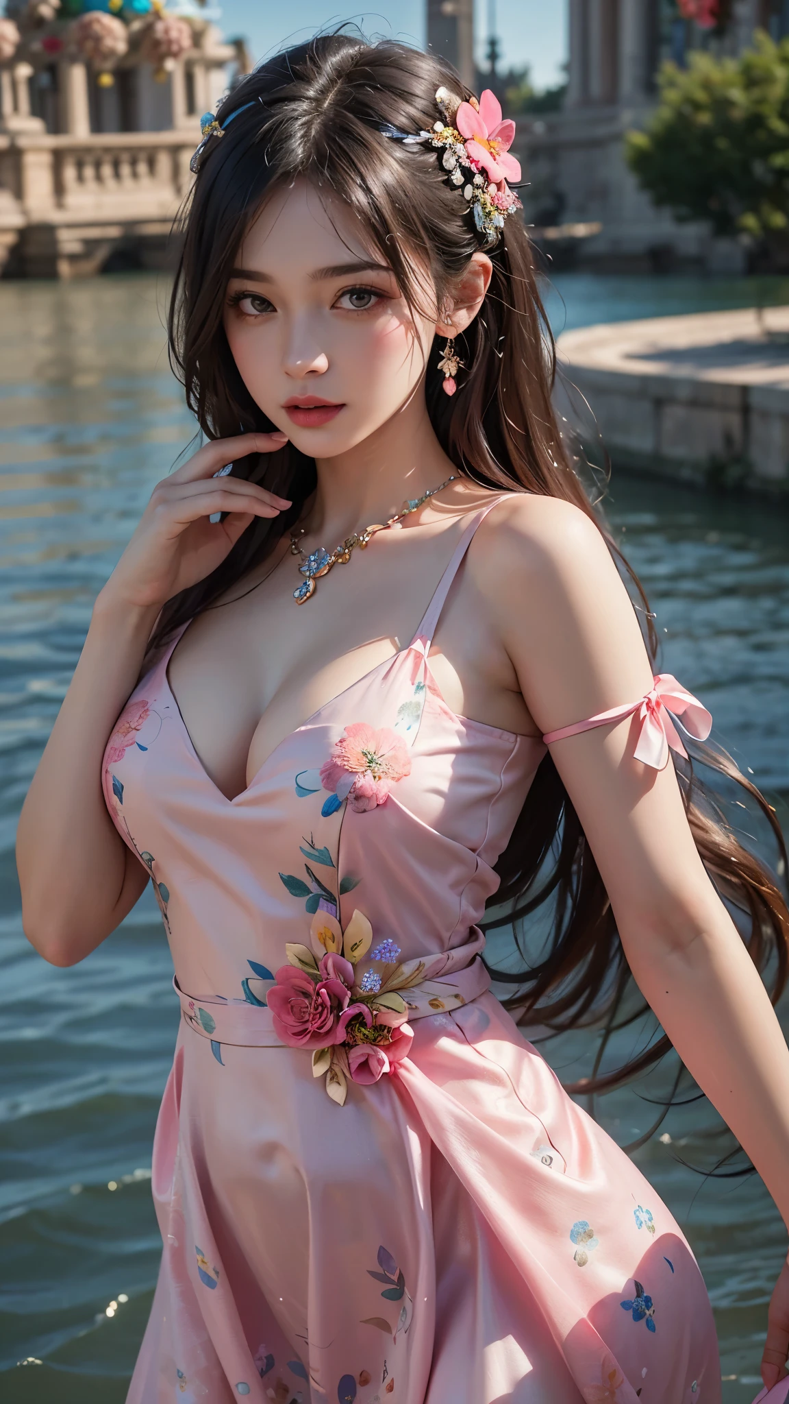 1 girl, good face, ultra long hair, detailed eyes, detailed lips, medium breasts, pink dress, (ornament:1.5), (floral dress :1.5), Take photos by the lake, ultra-realistic realism, color field printing, high details, hyper HD, cinematic lighting, 4k quality,