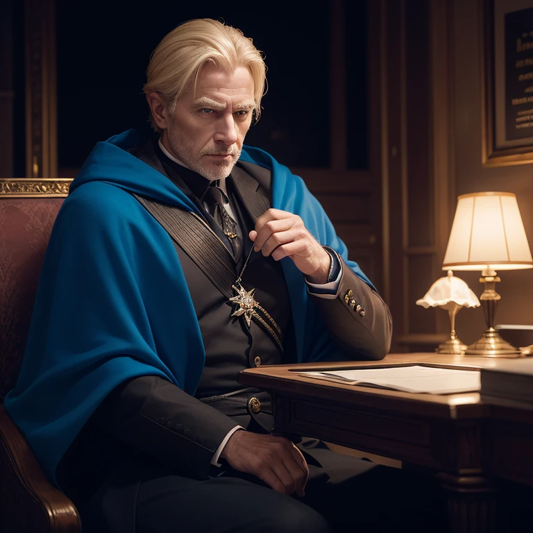 An older man in his forties, with Blond hair neatly pushed back ,(without facial hair), blue sharp eyes and sharp nose, wearing an expensive royal blue cloak ,((sitting at his dark office,with low lighting))