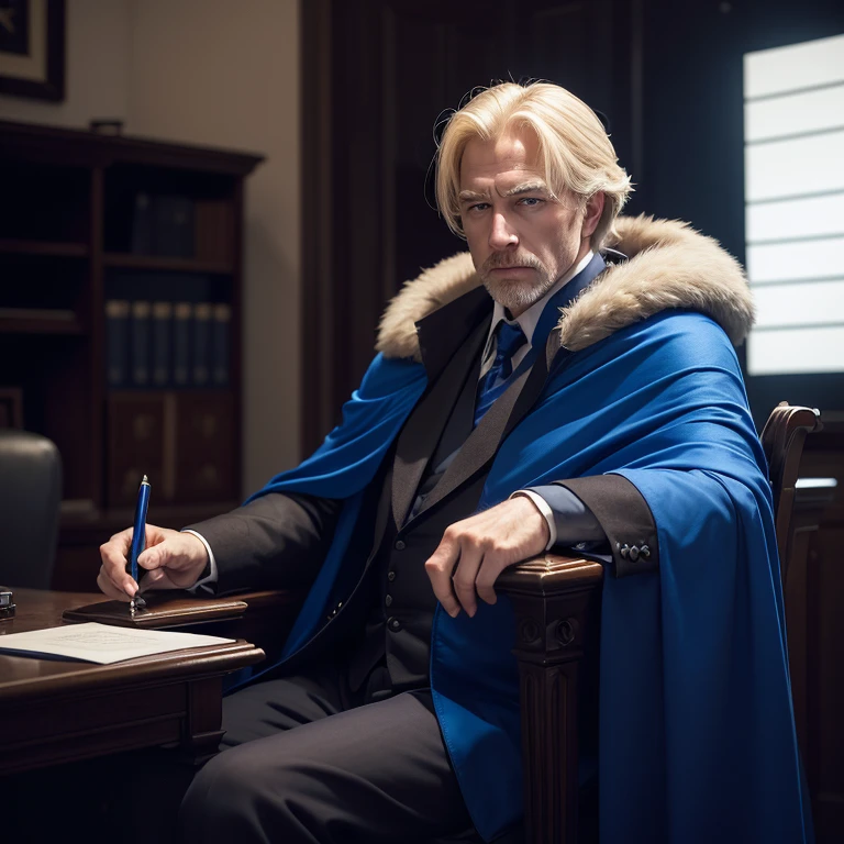 An older man in his forties, with Blond hair neatly pushed back ,(without facial hair), blue sharp eyes and sharp nose, wearing an expensive royal blue cloak ,((sitting at his dark office,with low lighting))