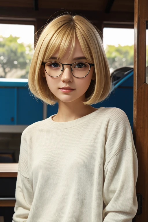 1girl, solo, blonde, bobcut, cute, green eyes, bright pupils, long shirt, glasses, sweater