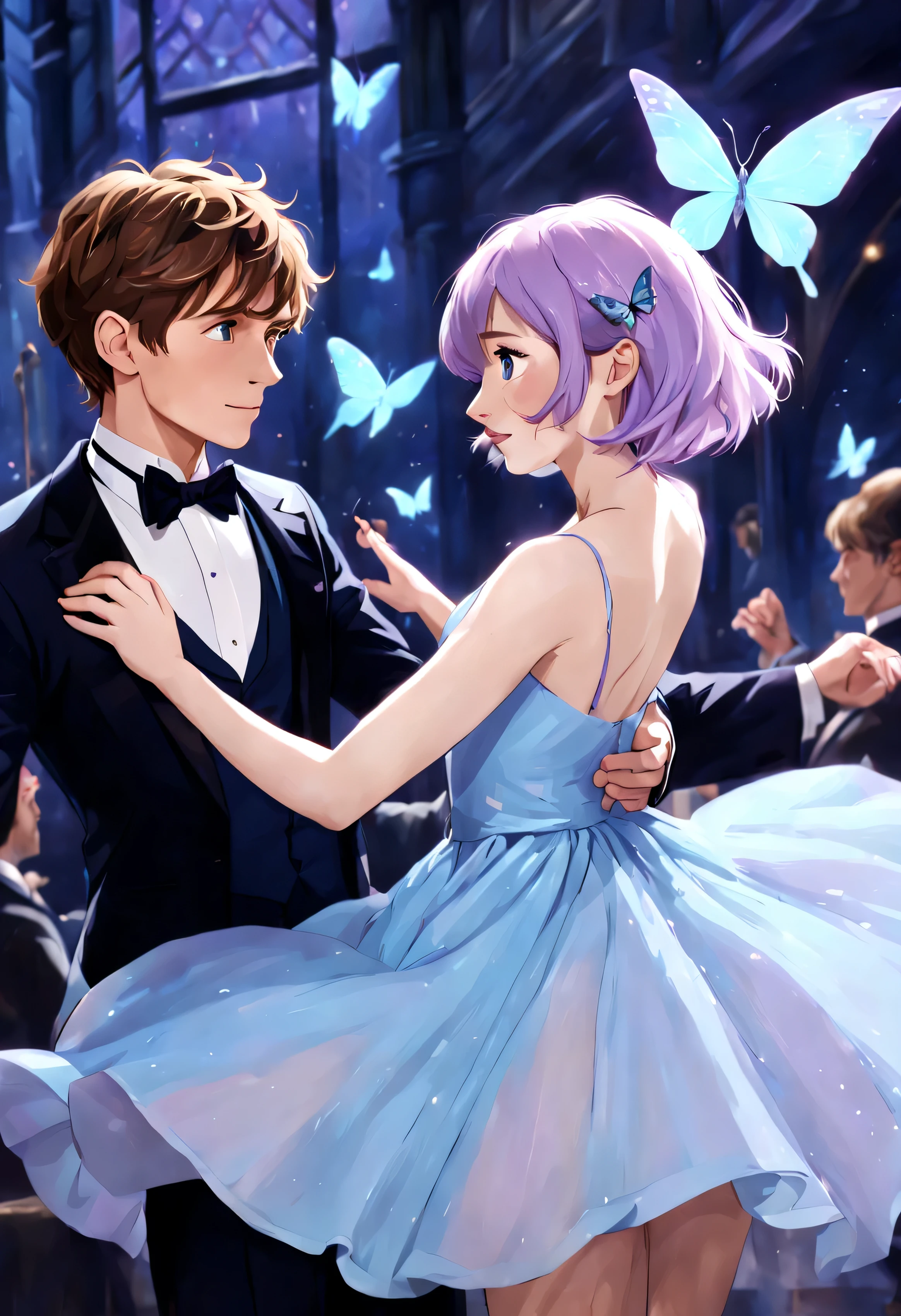 a couple dancing romantically. This is Eddie Redmayne as Newt Scamander with brown hair and freckles, he is  and wears a tuxedo. She is a beautiful 17 year old woman with short white and lilac hair, she wears an elegant light blue dress. She wears a butterfly-shaped clip in her hair.