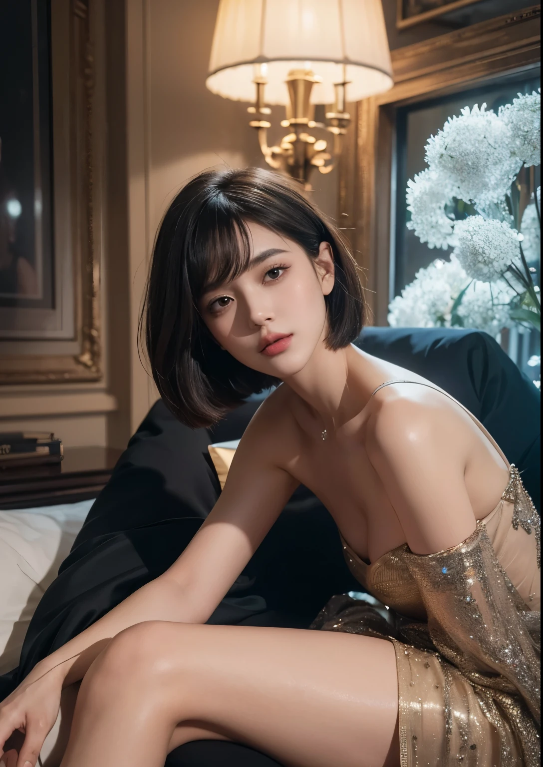 (Best quality, 8k, 32k, Masterpiece, UHD:1.2) "Produce a captivating art piece featuring a girl with a stylish bob haircut, illuminated by dramatic and cinematic lighting that accentuates the contours of her face and hair. Create an atmosphere that exudes intrigue and depth, with shadows and highlights playing a central role in defining the scene. The lighting should emphasize the girl's features and add an extra layer of drama to the composition, making it visually striking and evoking a sense of mystery and allure. the model in a candid yet elegant pose, encapsulating the enchantment and beauty of the moment in this dreamy, romantic setting."