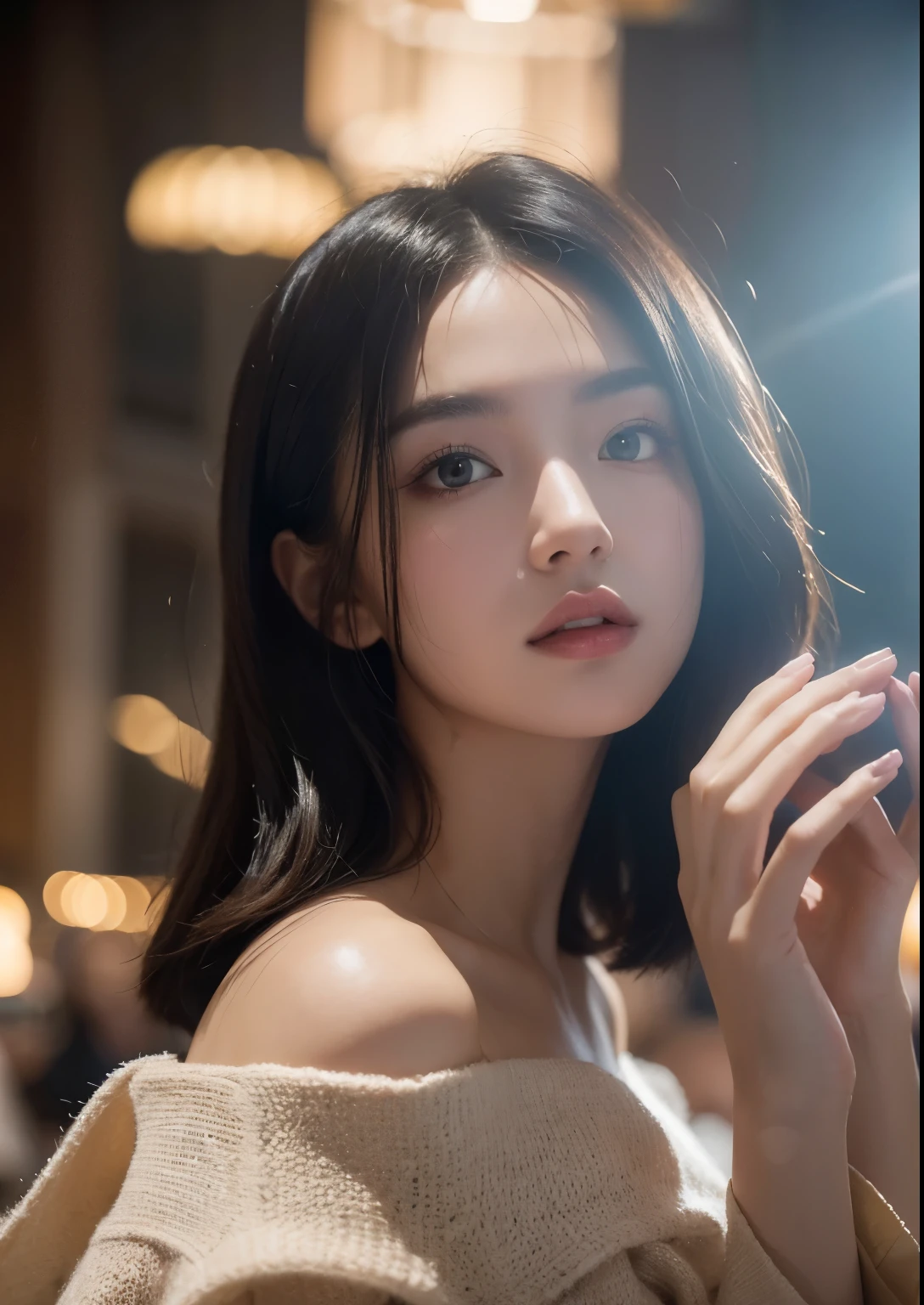 (Best quality, 8k, 32k, Masterpiece, UHD:1.2) "Produce a captivating art piece featuring a girl with a stylish bob haircut, illuminated by dramatic and cinematic lighting that accentuates the contours of her face and hair. Create an atmosphere that exudes intrigue and depth, with shadows and highlights playing a central role in defining the scene. The lighting should emphasize the girl's features and add an extra layer of drama to the composition, making it visually striking and evoking a sense of mystery and allure. the model in a candid yet elegant pose, encapsulating the enchantment and beauty of the moment in this dreamy, romantic setting."