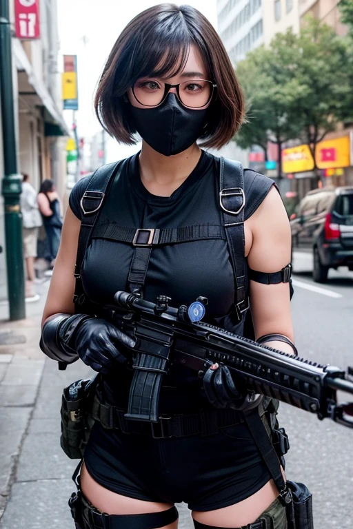 ((best quality)), (top quality)), (masterpiece), photorealistic, photorealism 16K, (16K), Fujifilm, 1girl full body, in a combat pose, aiming an sniper rifle, South Korean city street background, bob haircut, ((Fully Naked)), C-Cup breast ,Highly Detailed, Photorealistic, High Resolution, Detailed Face, Looking directly at the camera, Wearing gloves, Round glasses, black face mask , Military harness strapped across her shoulders, Fingers concealed by the rifle grip.
