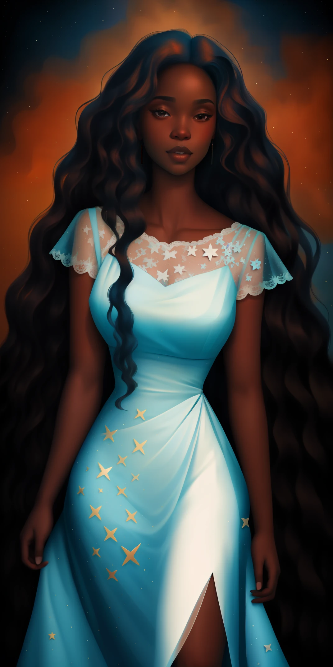 A Congolese black woman with rich dark brown skin, content expression, beautiful, 1woman, intricate detail, long wavy hair, beautiful fitted sheer lace blue dress, abstract starry night accents in the background 