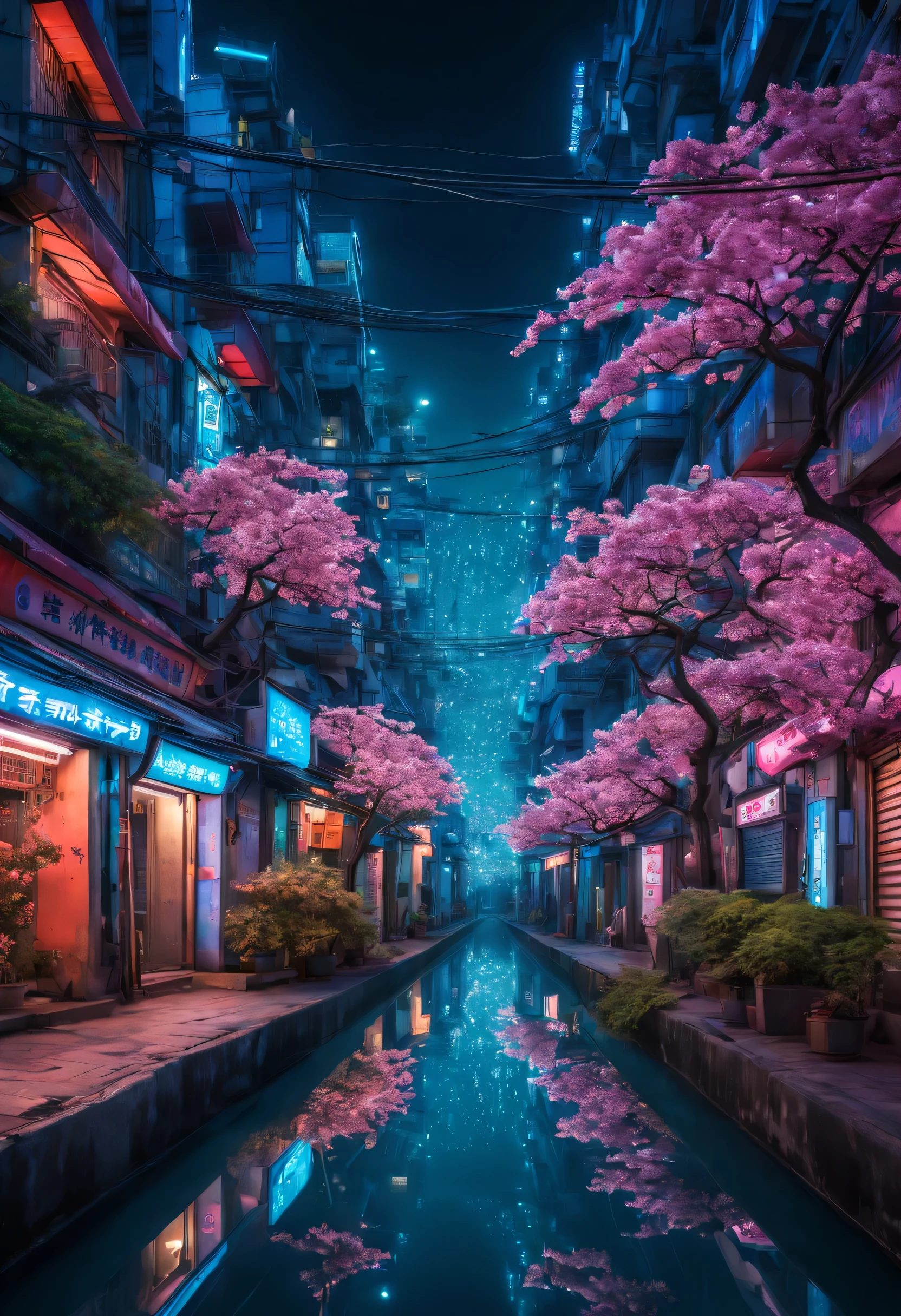 Dans un futur dynamique et bouillonnant, Delhi, les rues s&#39;animent avec la lueur lumineuse des fleurs de cerisier bioluminescentes, japon neon, Transport yourself to this detailed and symmetrical scene, where a futuristic and science fiction atmosphere on the edge of the&#39;eau&#39;the edge of the buildings merges with the delicate beauty of nature.Realism,, best quality, high resolution, prime, high details, UHD, 8K