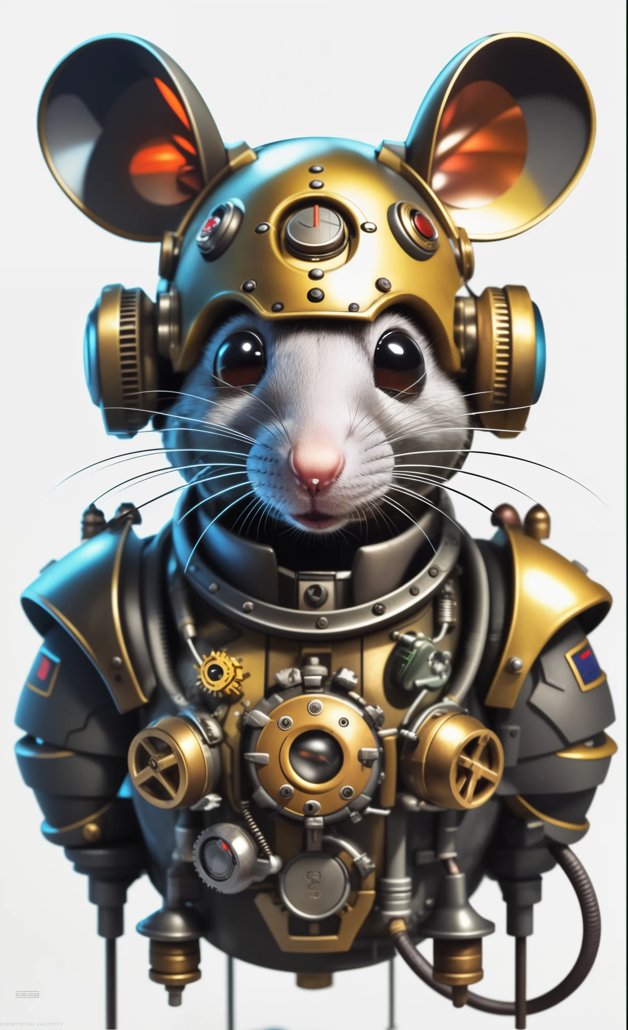 there is a mouse in a mechanical suit and helmet, Steampunk rat, People's Engineer Cyberpunk Mouse, cyborg mouse, Anthropomorphic mouse, Portrait of a scientist, rat-crazed, anthropomorphic rat, Steampunk ferret - curly fur, Rat fur, an anthropomorphic rat, 3d anthropomorphic rat, White Mouse Technomage
