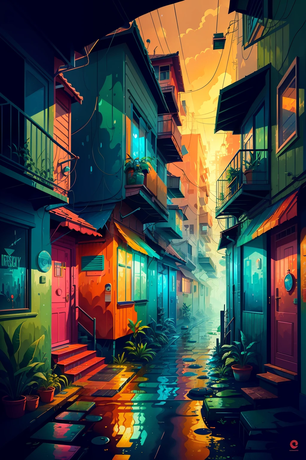 A captivating and atmospheric depiction of a favela during a rainy day, colorful corrugated metal roofs leaking water droplets, lush vegetation in vibrant greens, winding narrow paths, sunlight filtering through the mist, intricate brickwork, vivid graffiti, unforgettable scene, hyperrealistic, impressionistic, 8k, Concept Art, illustration, digital art, oil painting, realism, watercolor, surrealism, isometric style, vector art, lens flare effects, textured background, bold colors, contrast, artstation, deviantart, dribble, teepublic, redbubble.