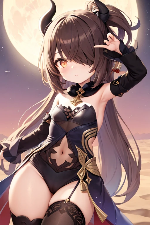 My genshin impact oc, brown hair, stars, moon, brown hair, sumeru desert outfit, black horns with pink outlines, hair covering 1 eye