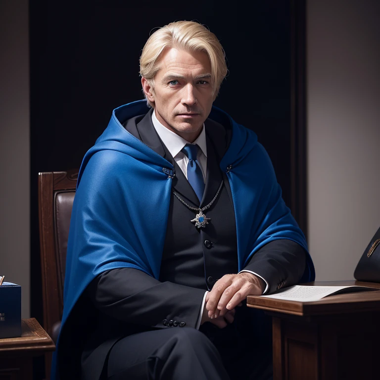 An older man in his forties, with Blond hair neatly pushed back ,((without facial hair)), blue sharp eyes and sharp nose, wearing an expensive royal blue cloak ,((sitting at his dark office,with low lighting))